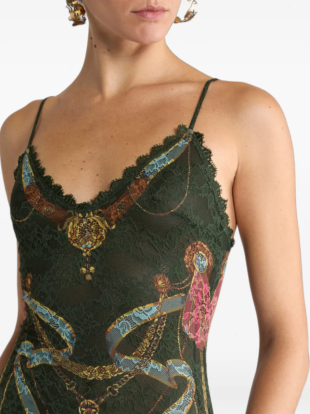 ETRO Jersey jurk met kant en twee geplaatste prints Groen