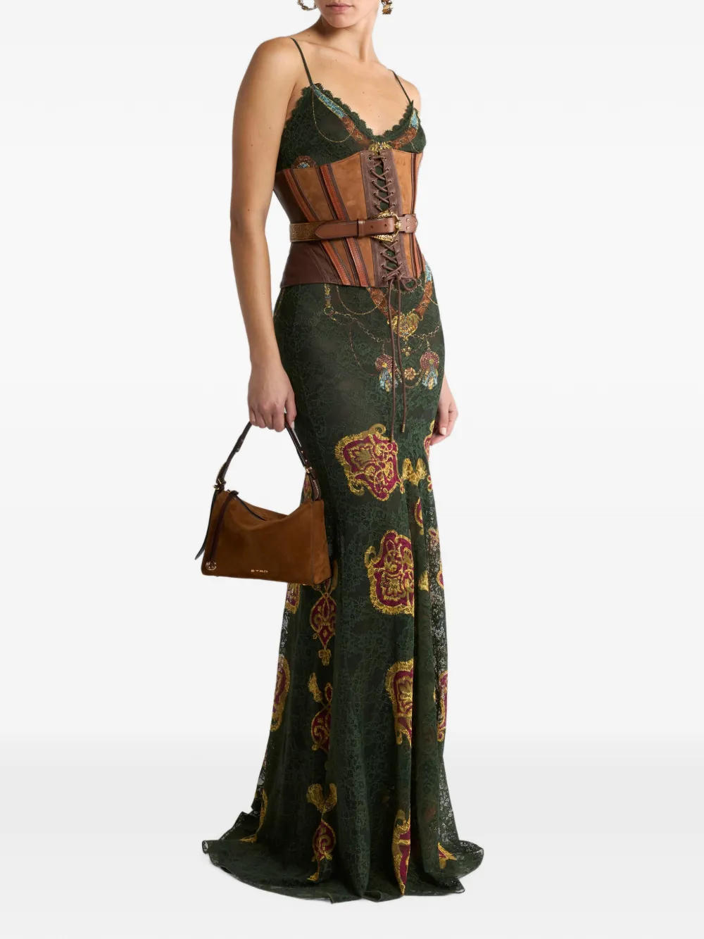 ETRO Jersey jurk met kant en twee geplaatste prints Groen