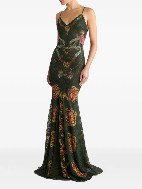 etro jersey dress Etro, Long With Lace And Two Placed Prints, Woman, Green, Size 46 Casual Charm