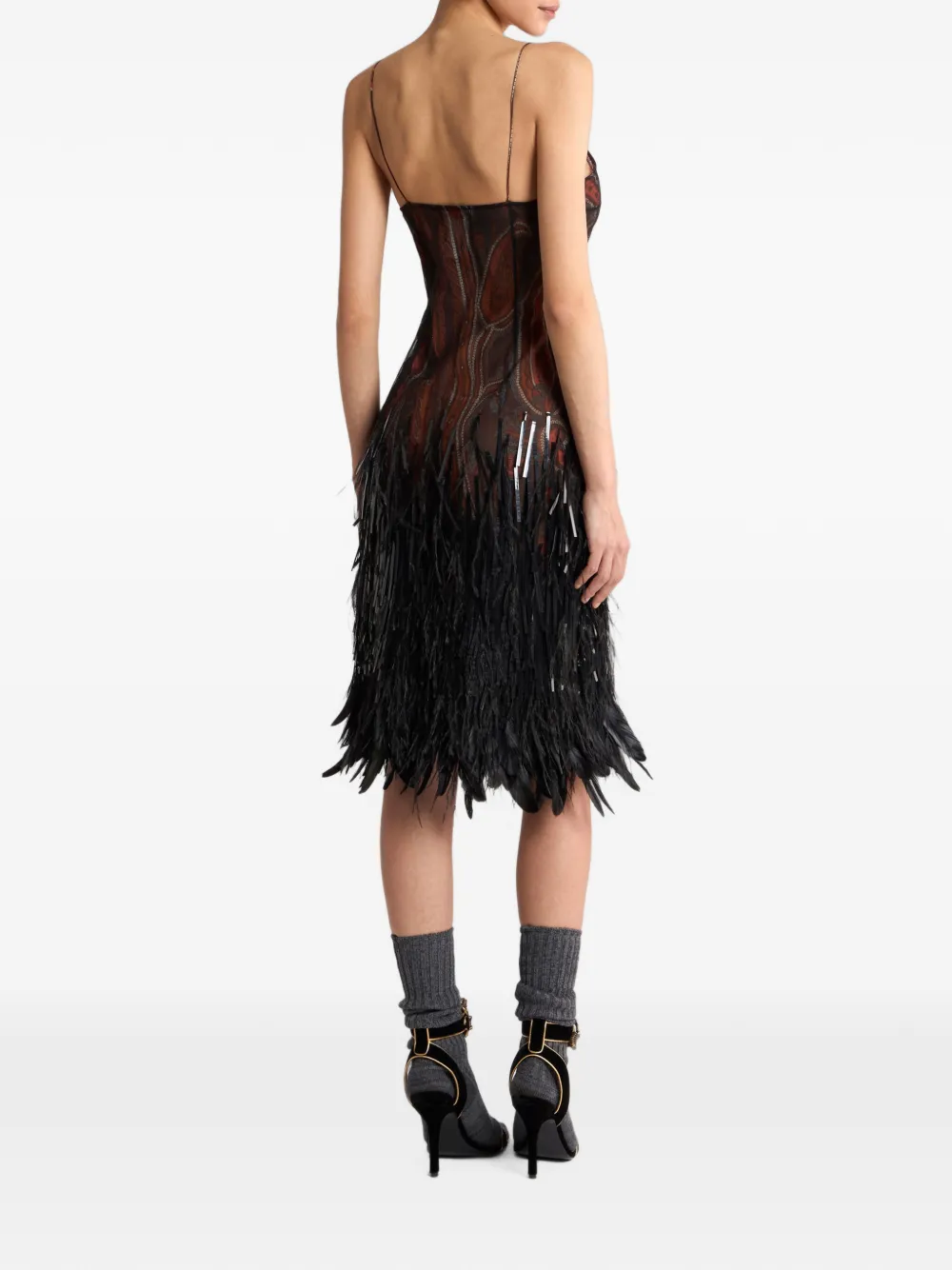 ETRO Knielange jurk met pailletten veren en paisley-patroon Bruin