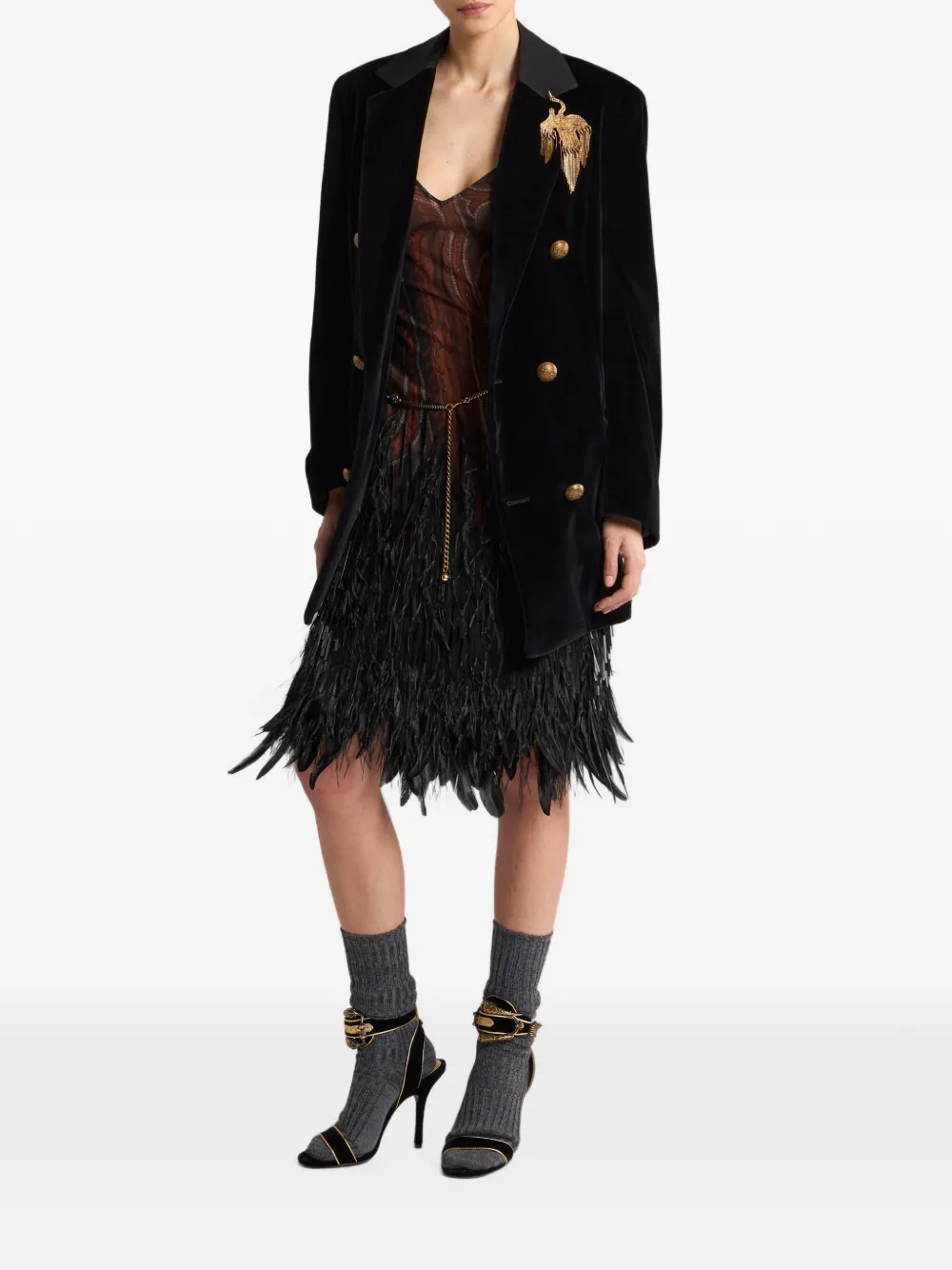 ETRO Knielange jurk met pailletten veren en paisley-patroon Bruin