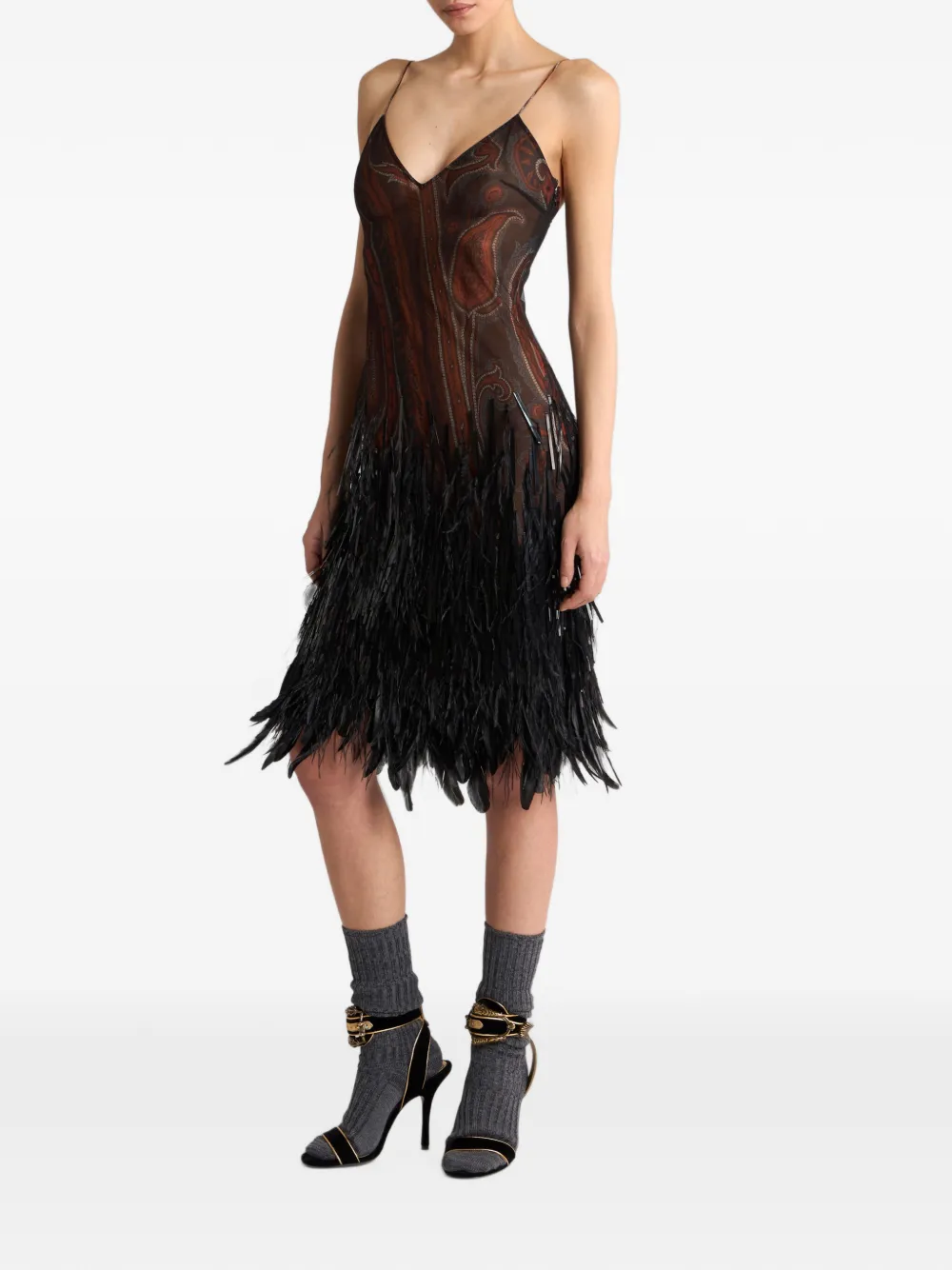 ETRO Knielange jurk met pailletten veren en paisley-patroon Bruin