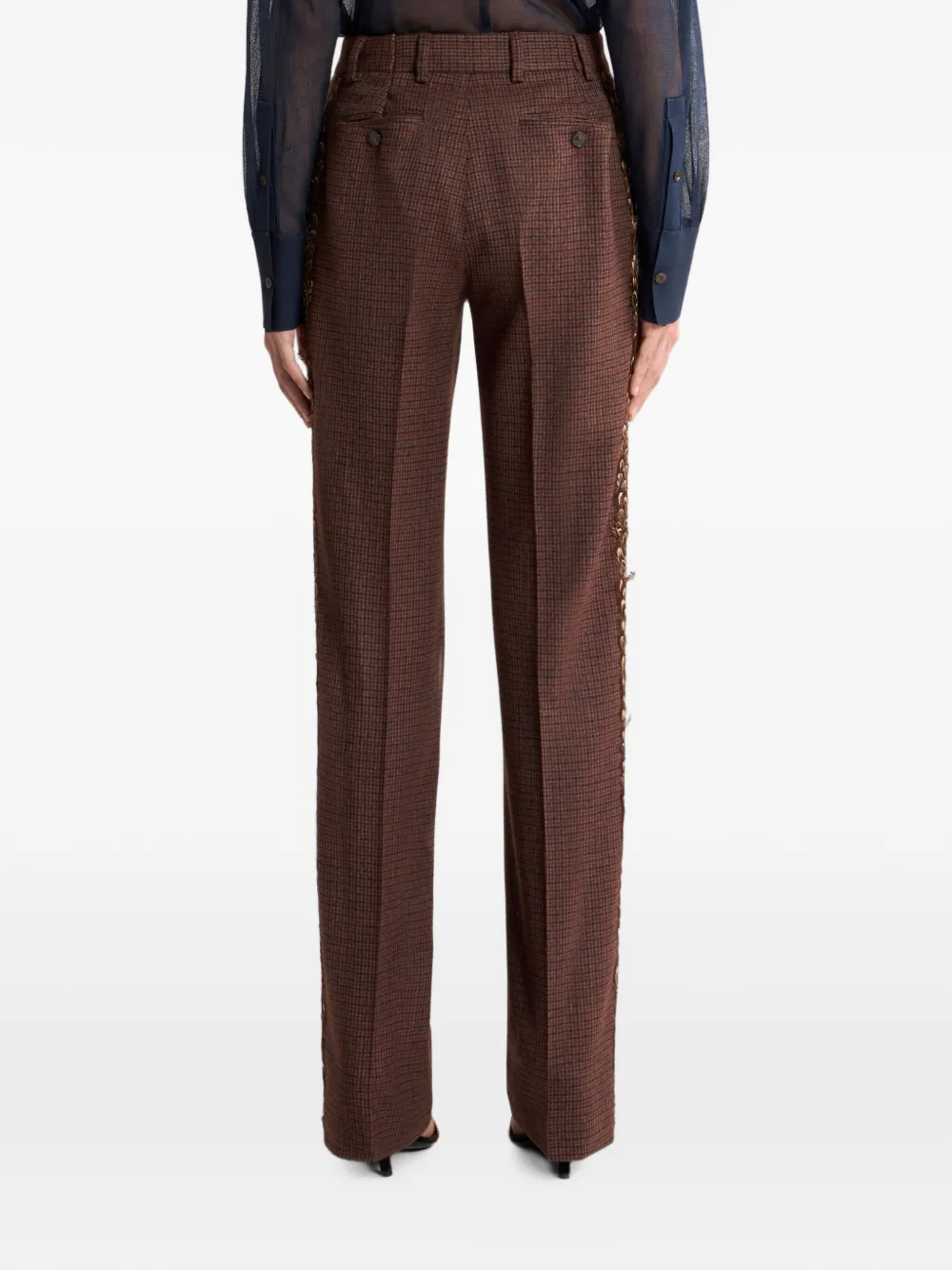 ETRO Straight wollen broek met fazantveren en micro-pied-de-poule patroon Rood