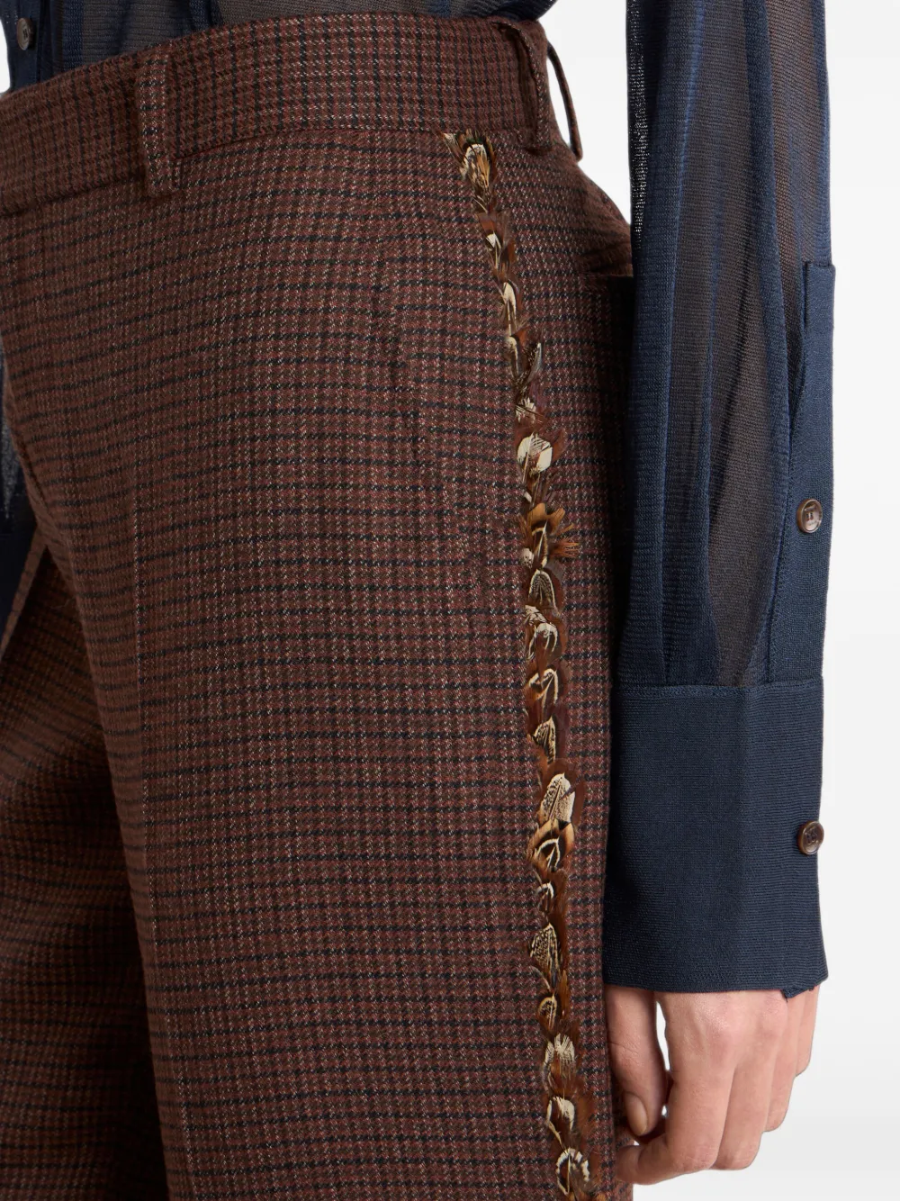 ETRO Straight wollen broek met fazantveren en micro-pied-de-poule patroon Rood