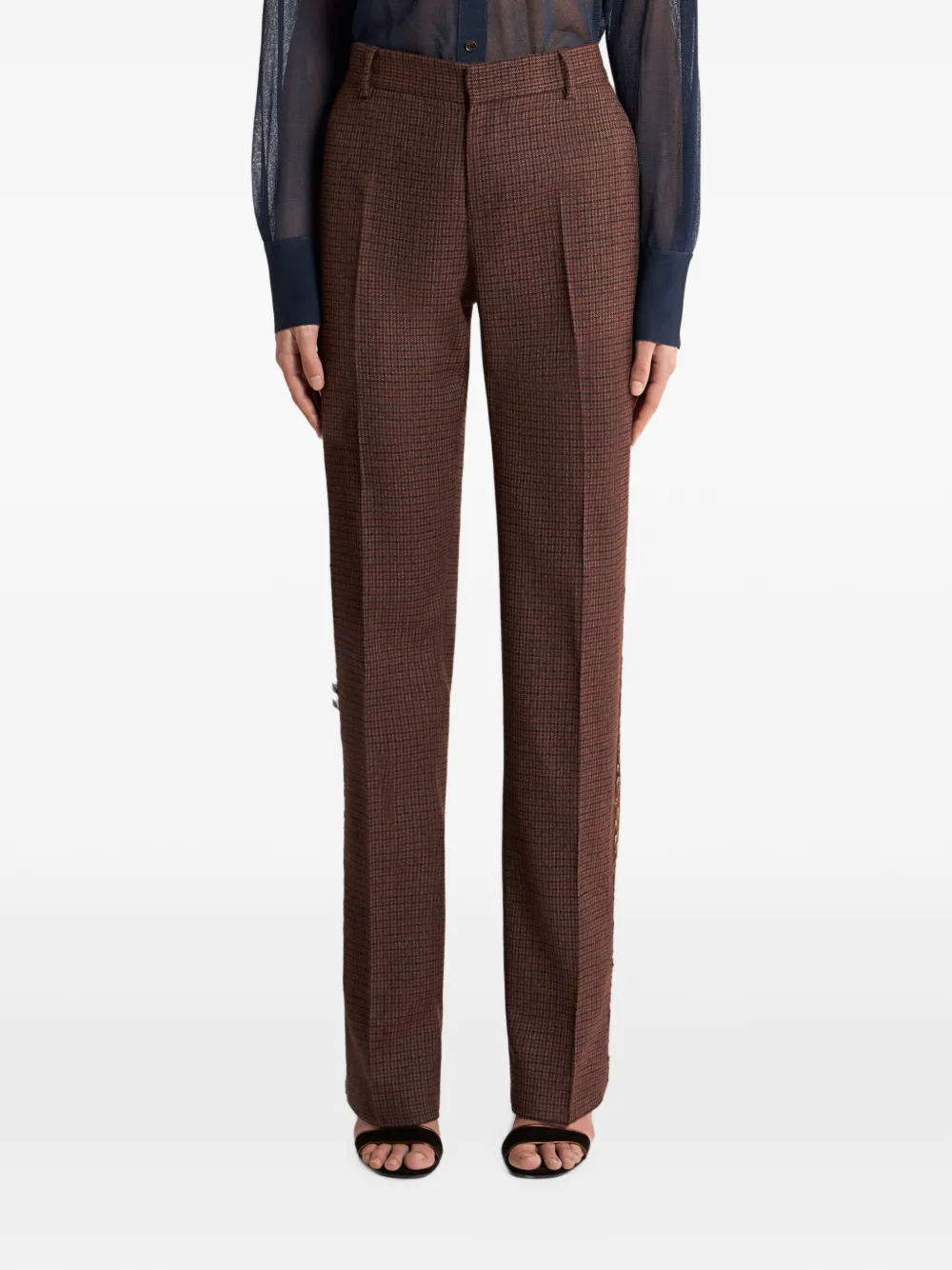 ETRO Straight wollen broek met fazantveren en micro-pied-de-poule patroon Rood