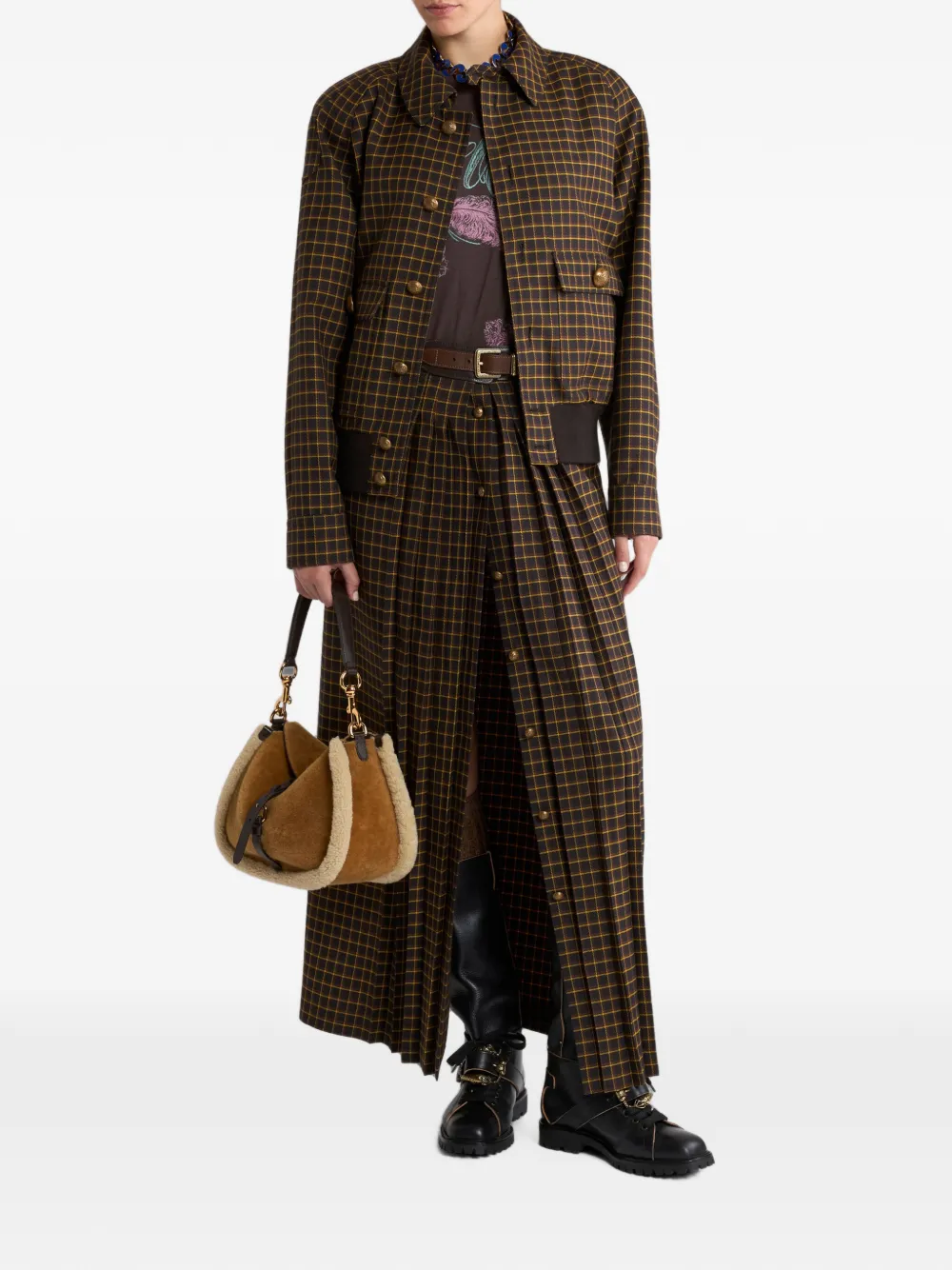 ETRO Wollen maxi-rok met plooien en geruit patroon Bruin