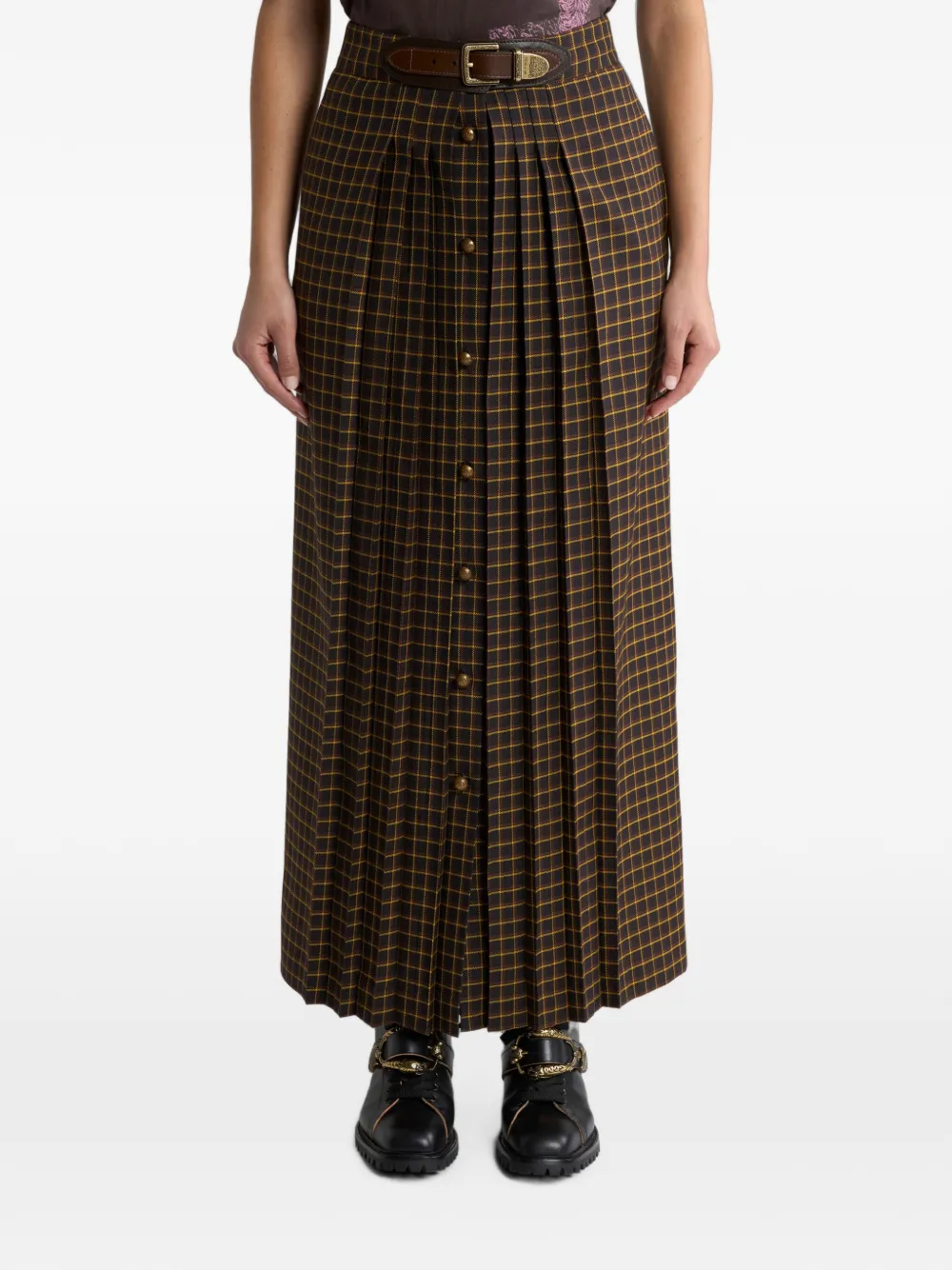 ETRO Wollen maxi-rok met plooien en geruit patroon Bruin