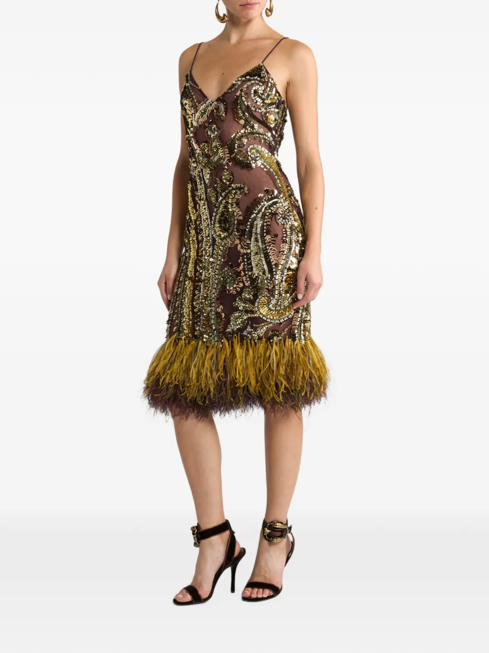ETRO Jurk met pailletten en veren details Goud