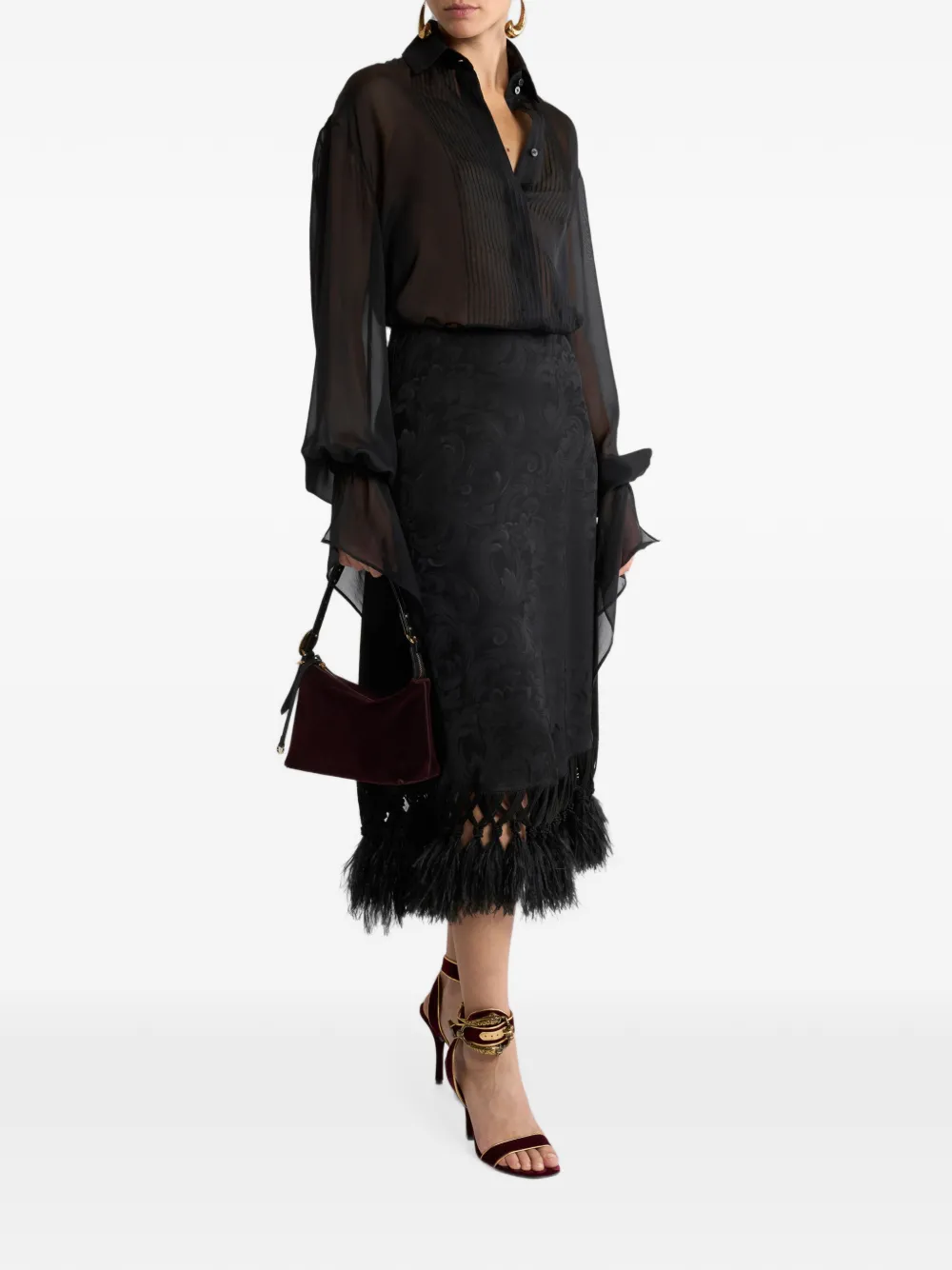 ETRO Midi-rok met paisley-jacquard en veren afwerking Zwart