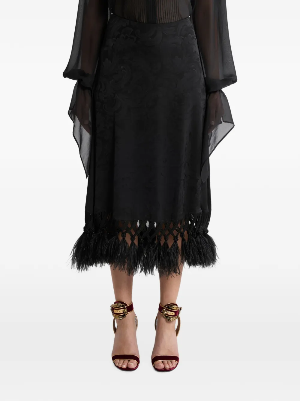 ETRO Midi-rok met paisley-jacquard en veren afwerking Zwart