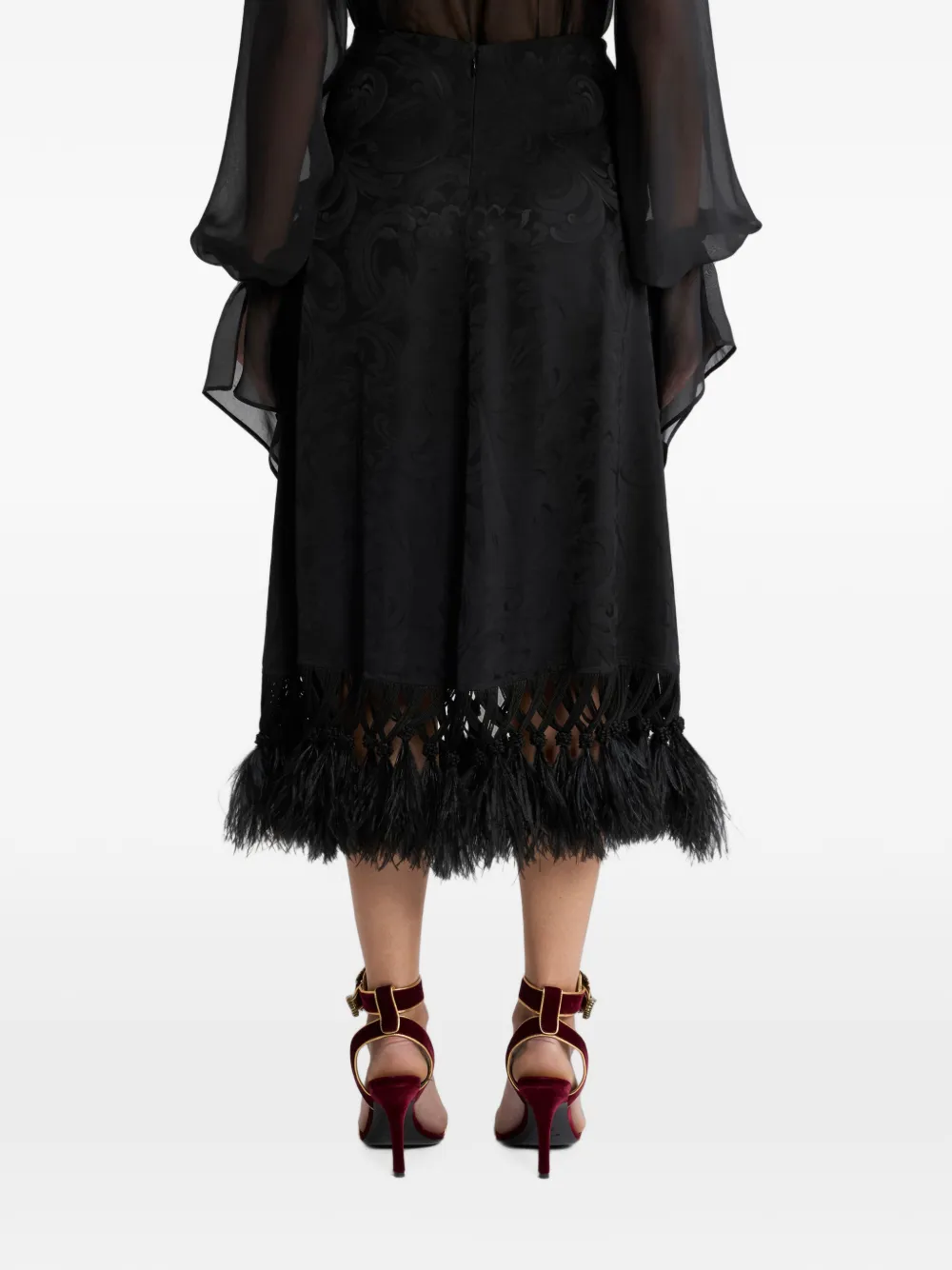 ETRO Midi-rok met paisley-jacquard en veren afwerking Zwart