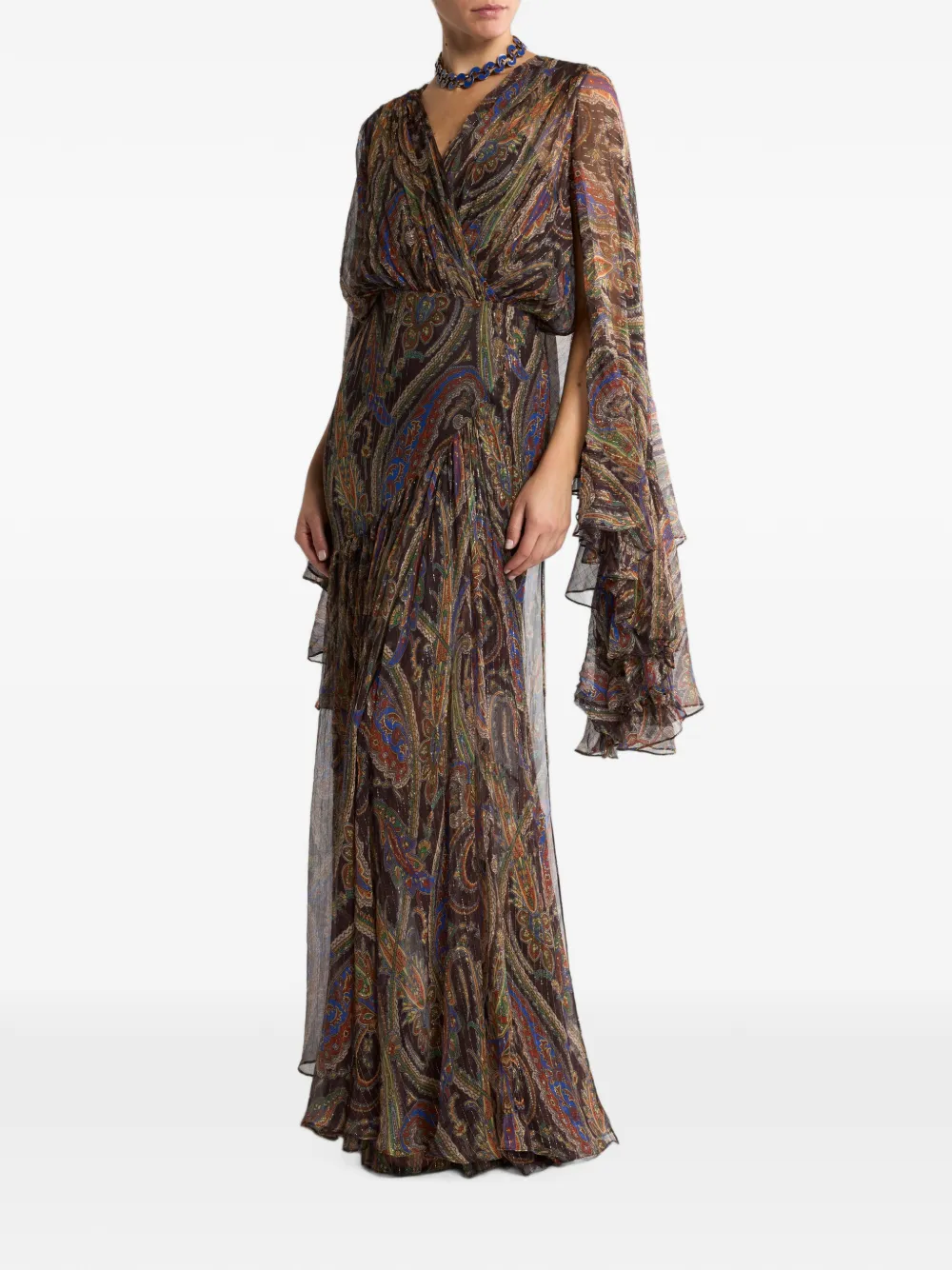 ETRO Zijden maxi-jurk met ruches en paisley-patroon Bruin