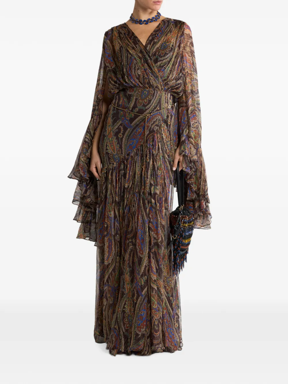 ETRO Zijden maxi-jurk met ruches en paisley-patroon Bruin