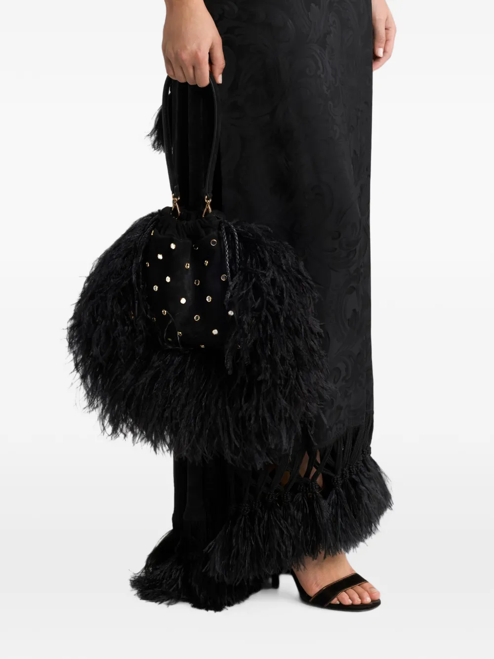 ETRO Kleine suède Kalispera tas met veren en studs Zwart