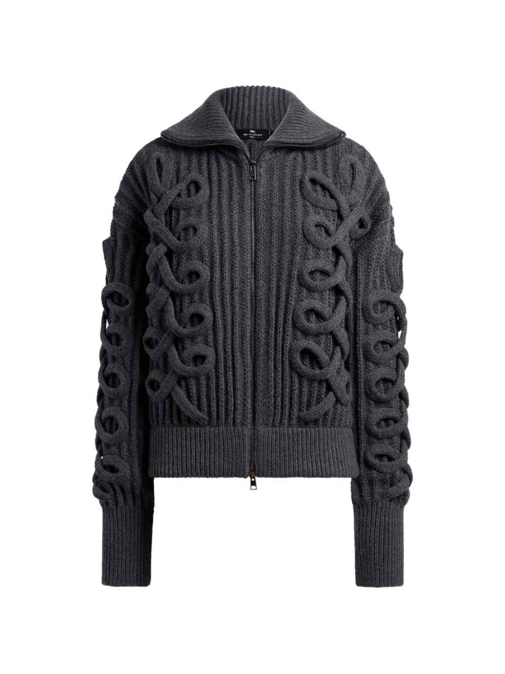 ETRO ribbed wool-blend cardigan with zip and woven detailing - Grau
