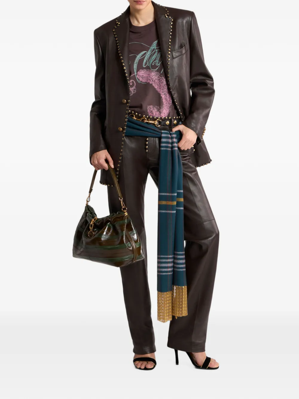 ETRO Leren jack met enkele rij knopen en studs Bruin