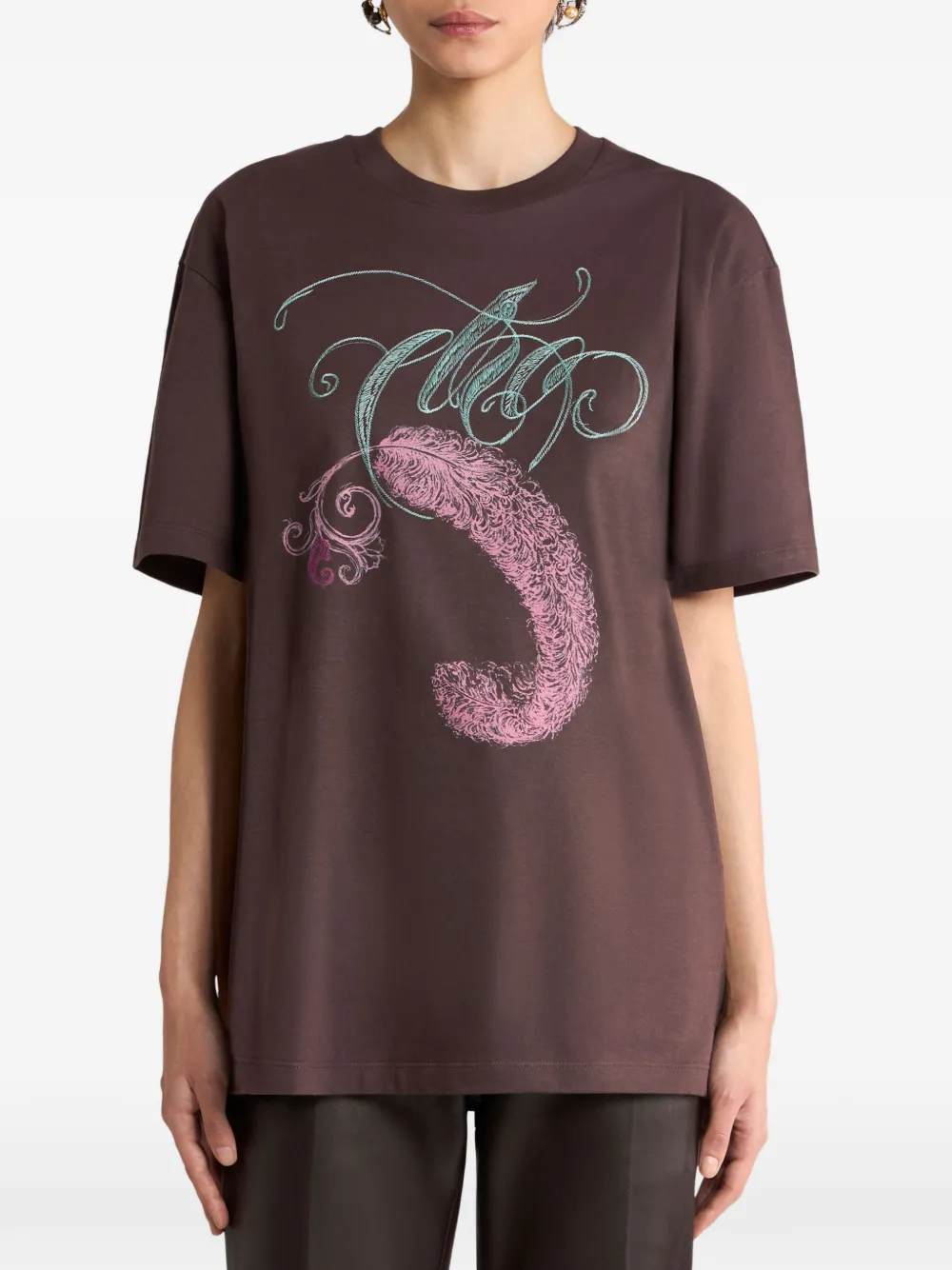 ETRO Katoenen T-shirt met geborduurd logo en veren-print Bruin