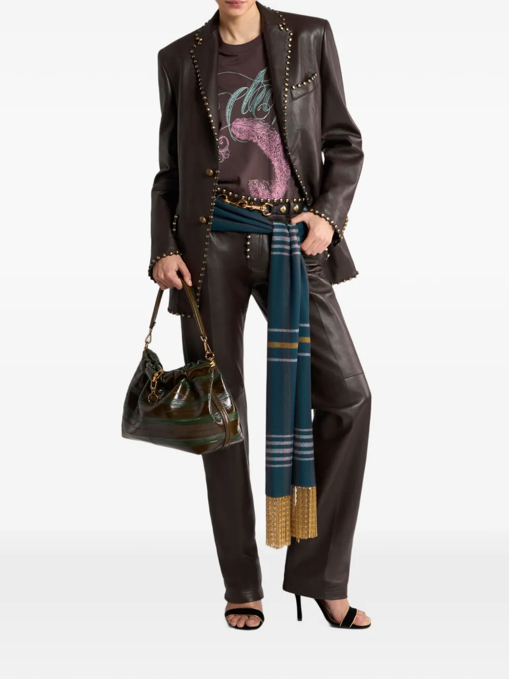 ETRO Katoenen T-shirt met geborduurd logo en veren-print Bruin