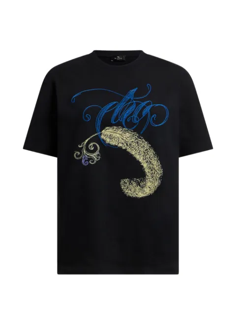 ETRO cotton T-shirt with logo embroidery and feather print