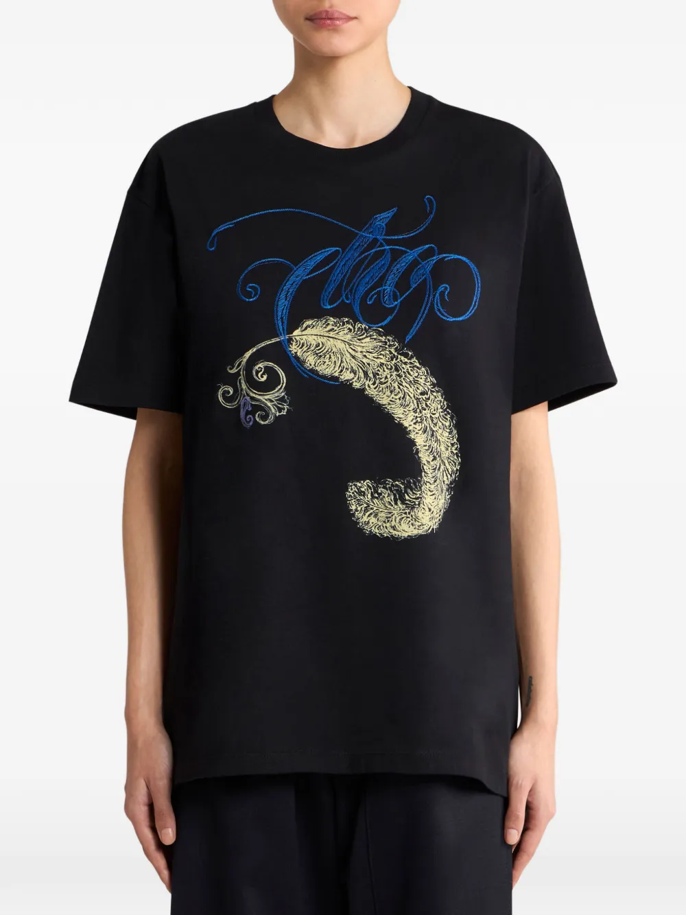 ETRO Katoenen T-shirt met geborduurd logo en veren-print Zwart