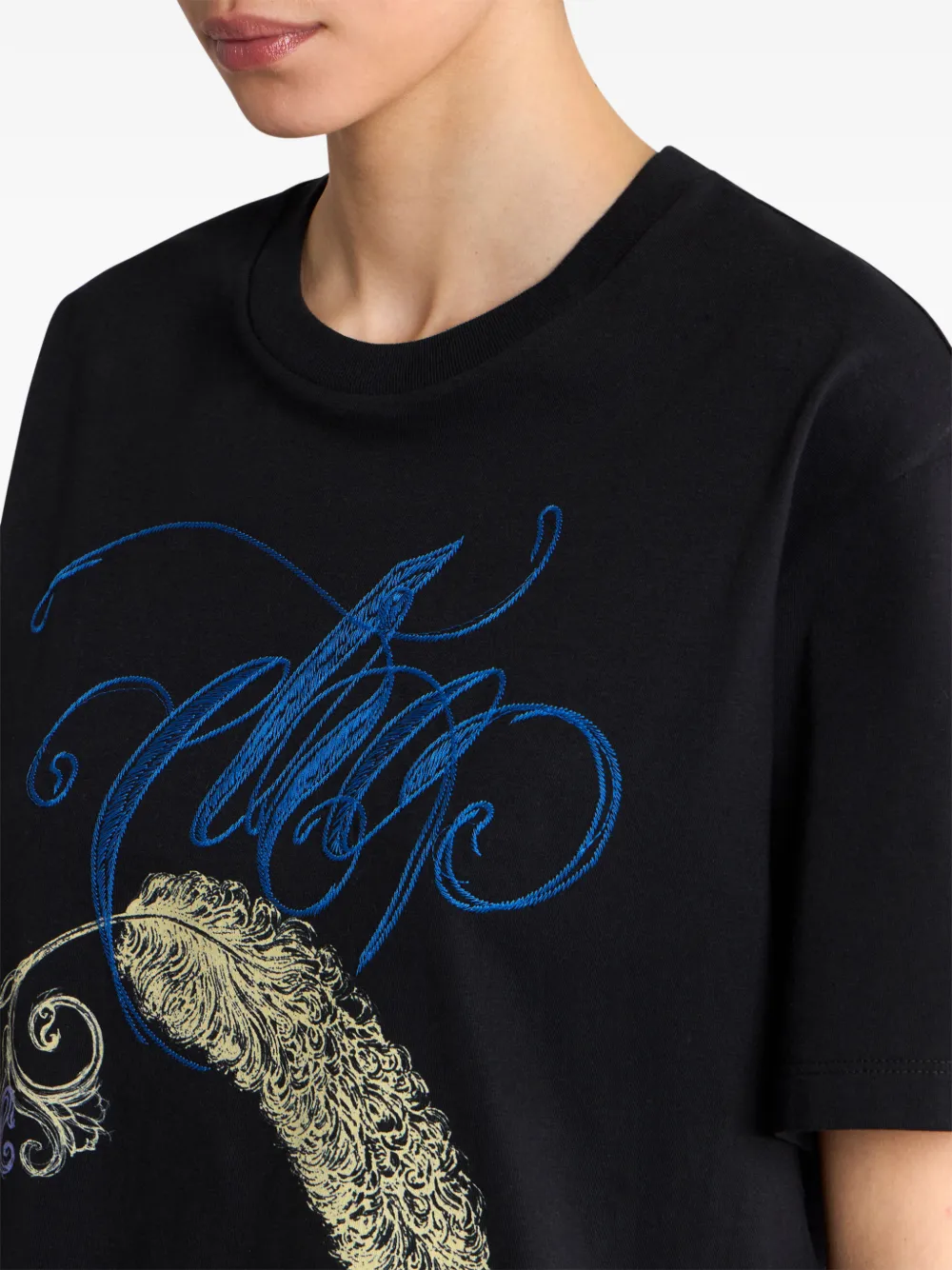 ETRO Katoenen T-shirt met geborduurd logo en veren-print Zwart