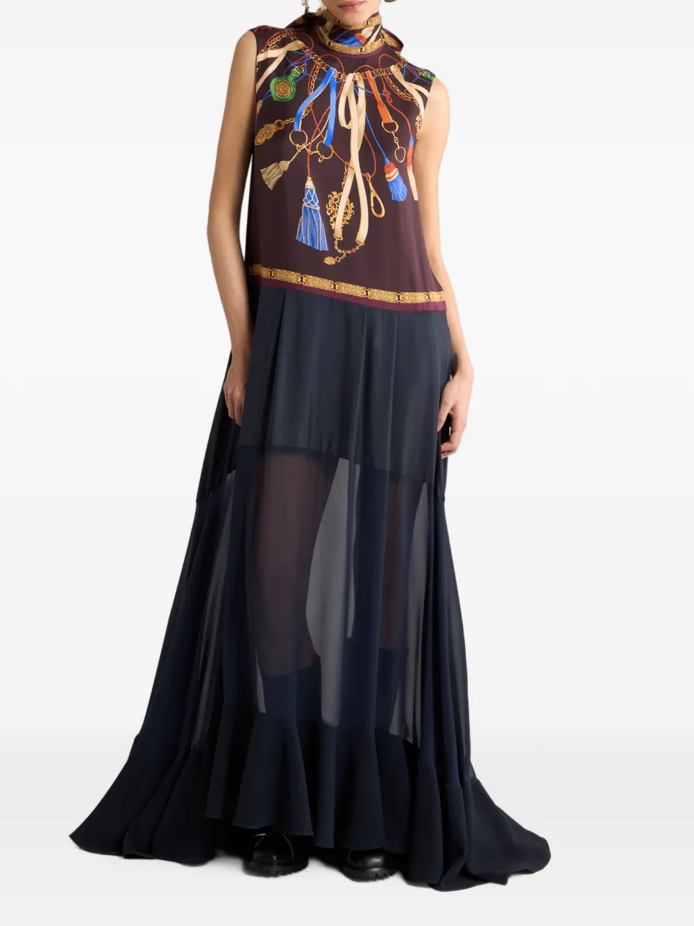 ETRO Zijden jurk met doorzichtige rok en geplaatste print Blauw