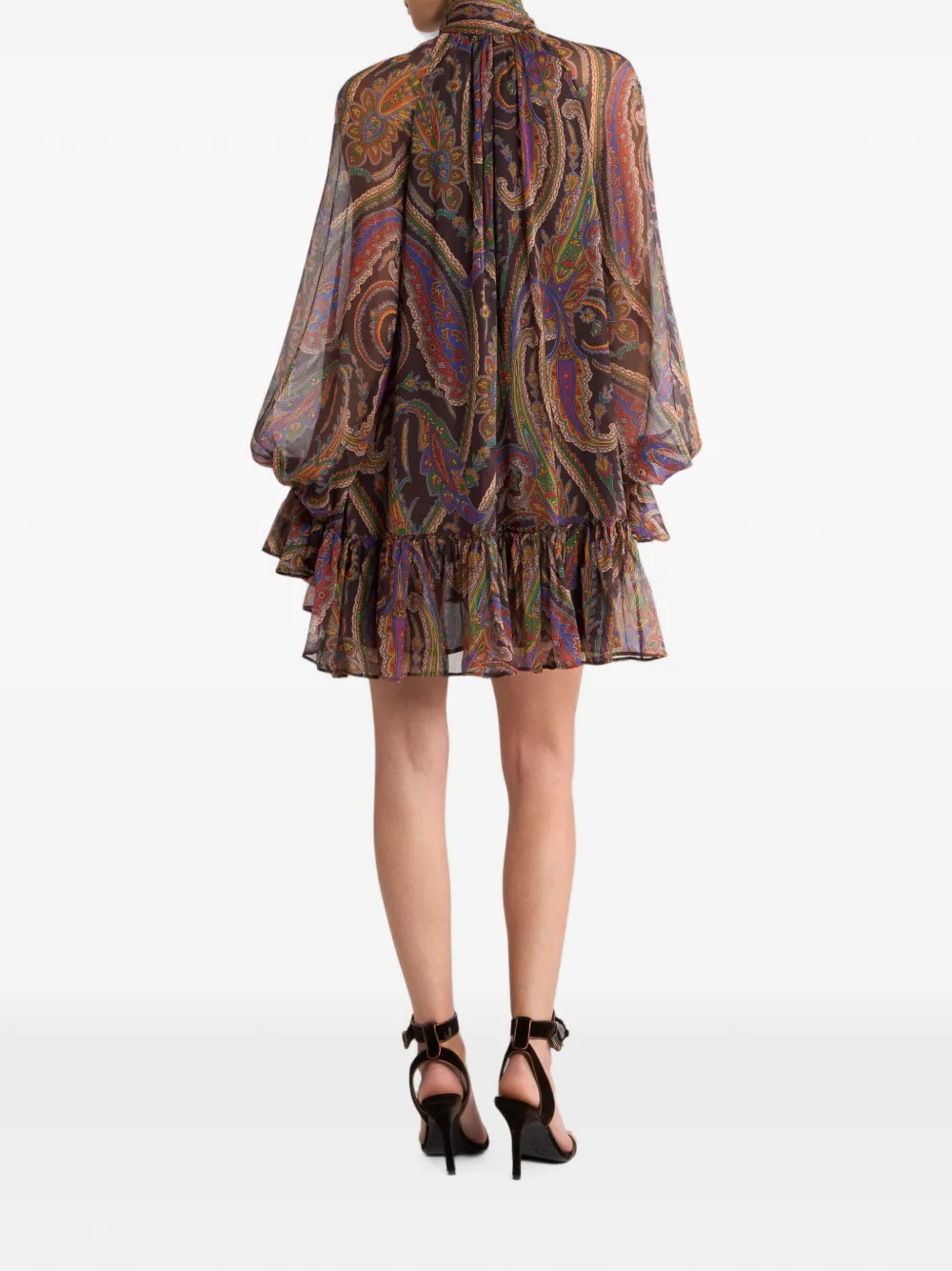 ETRO Zijden mini-jurk met ruches en paisley-patroon Bruin