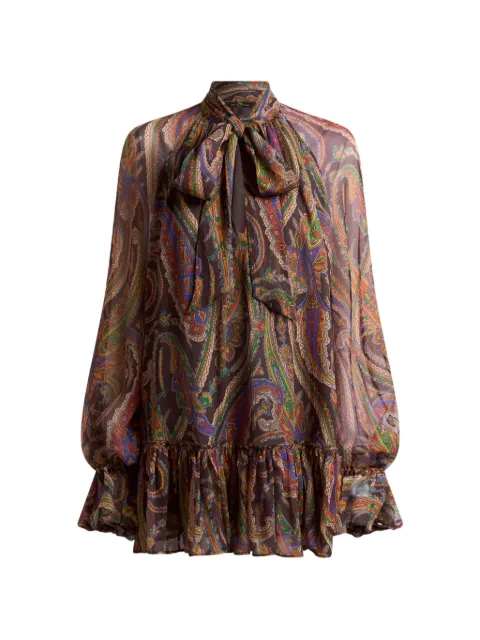 ETRO vestido corto de seda con volantes y motivo de cachemira