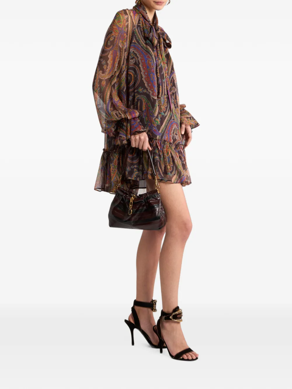 ETRO Zijden mini-jurk met ruches en paisley-patroon Bruin