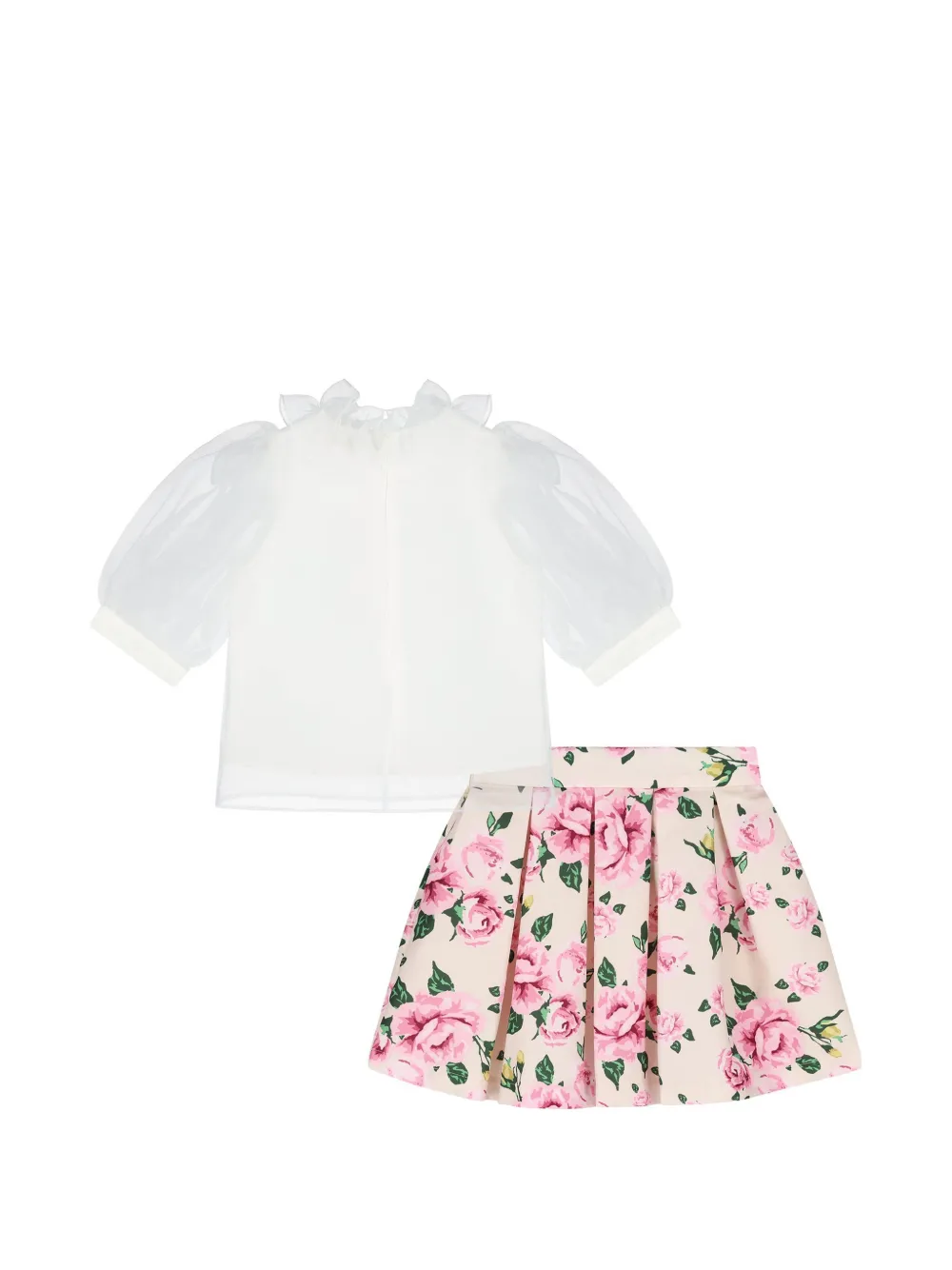 MAMA LUMA KIDS Tweedelige shirt en rok set met bloemenprint en ruches Wit