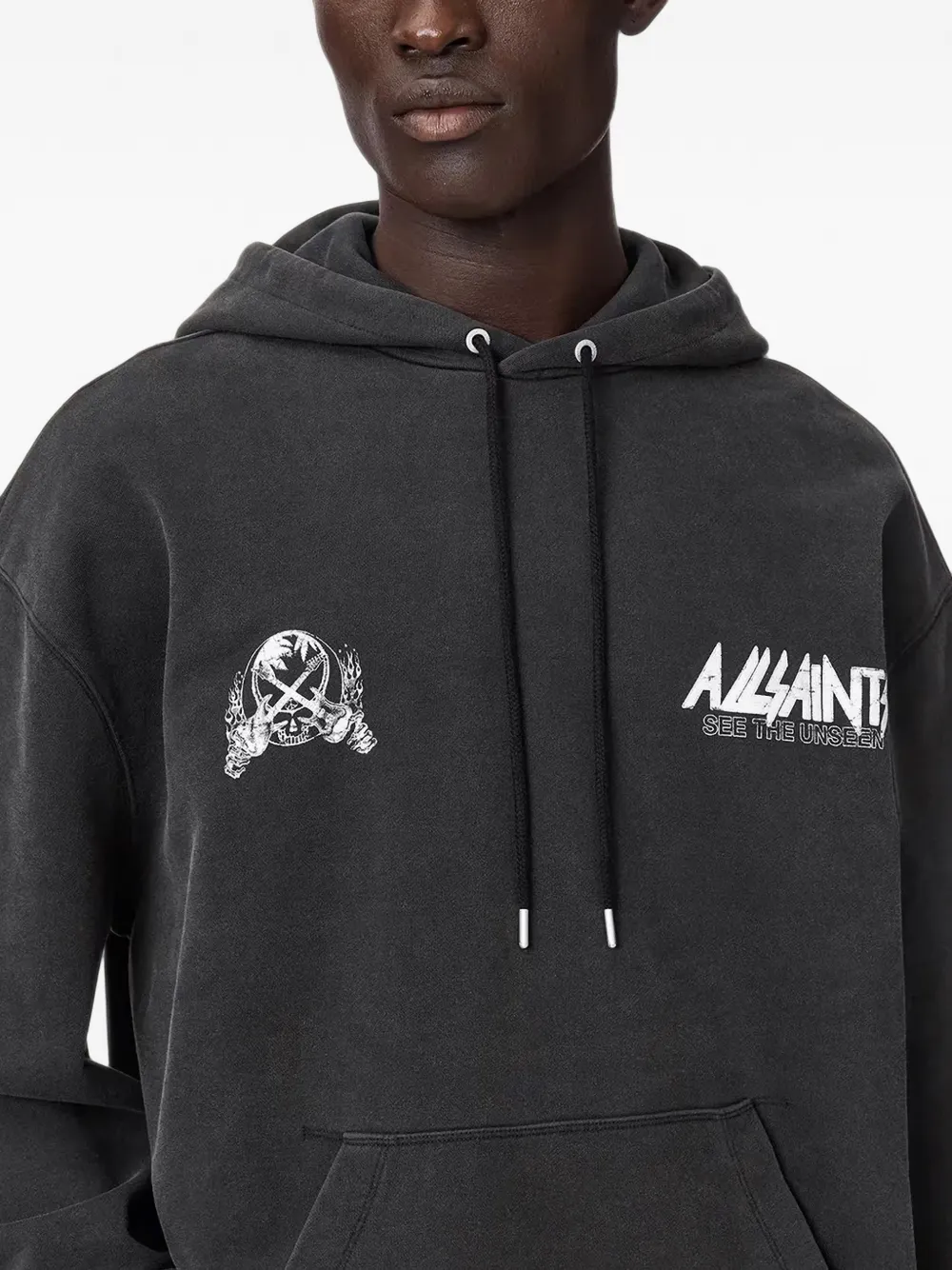 AllSaints Hoodie met verwassen effect en grafische print Zwart