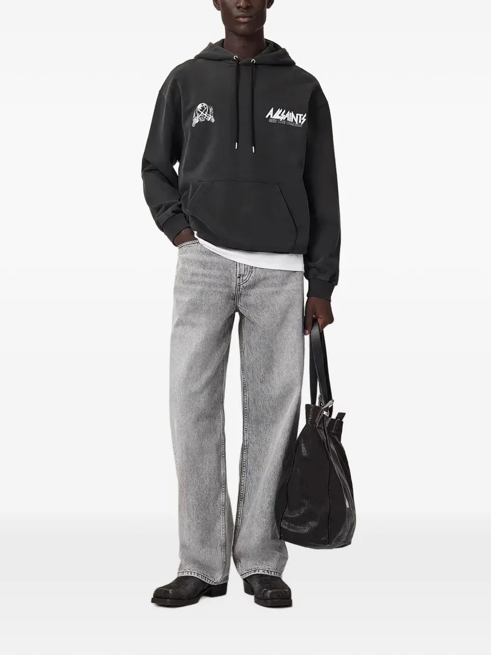 AllSaints Hoodie met verwassen effect en grafische print Zwart