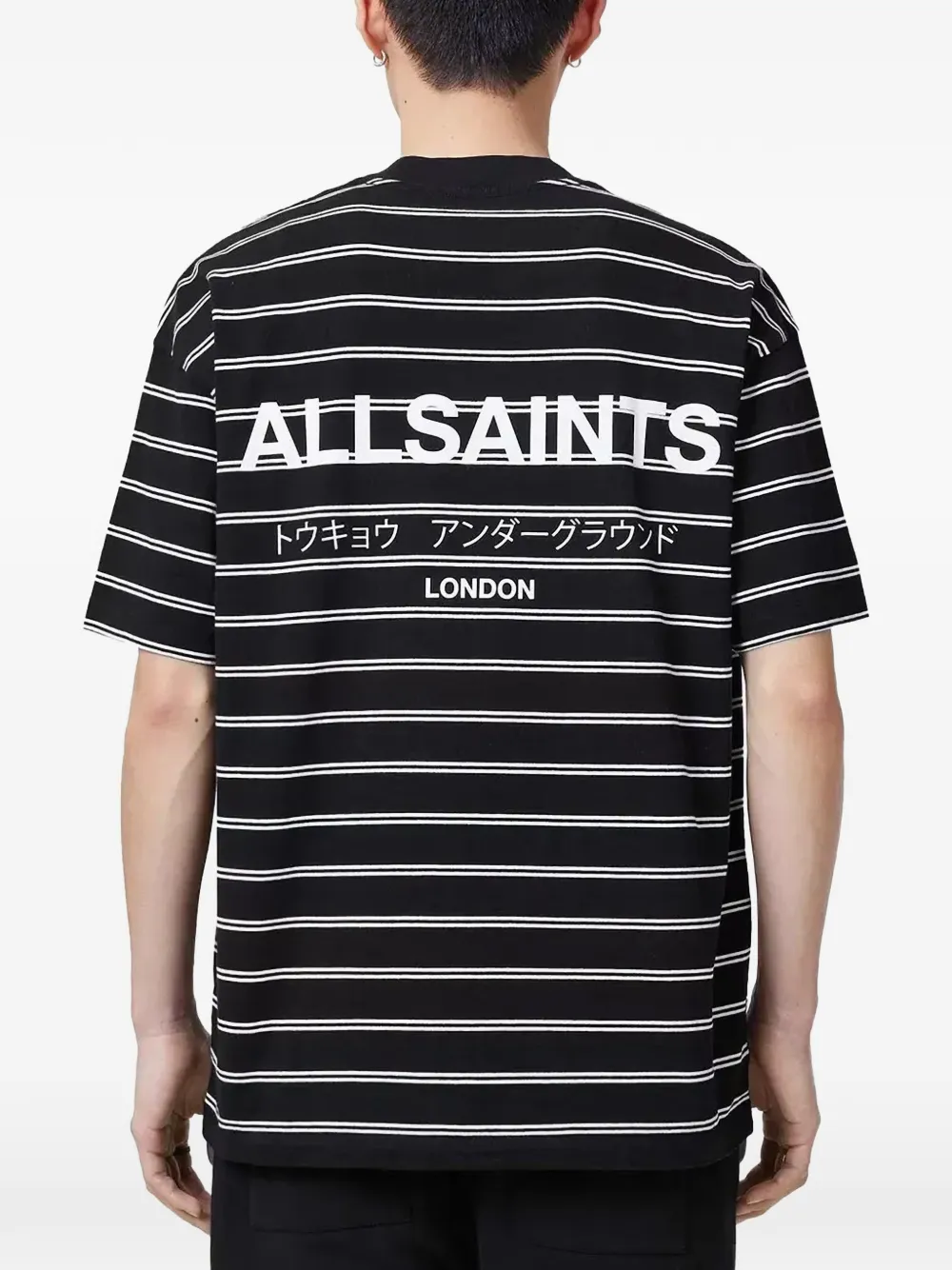 AllSaints Underground T-shirt met horizontale streep en logoprint Zwart