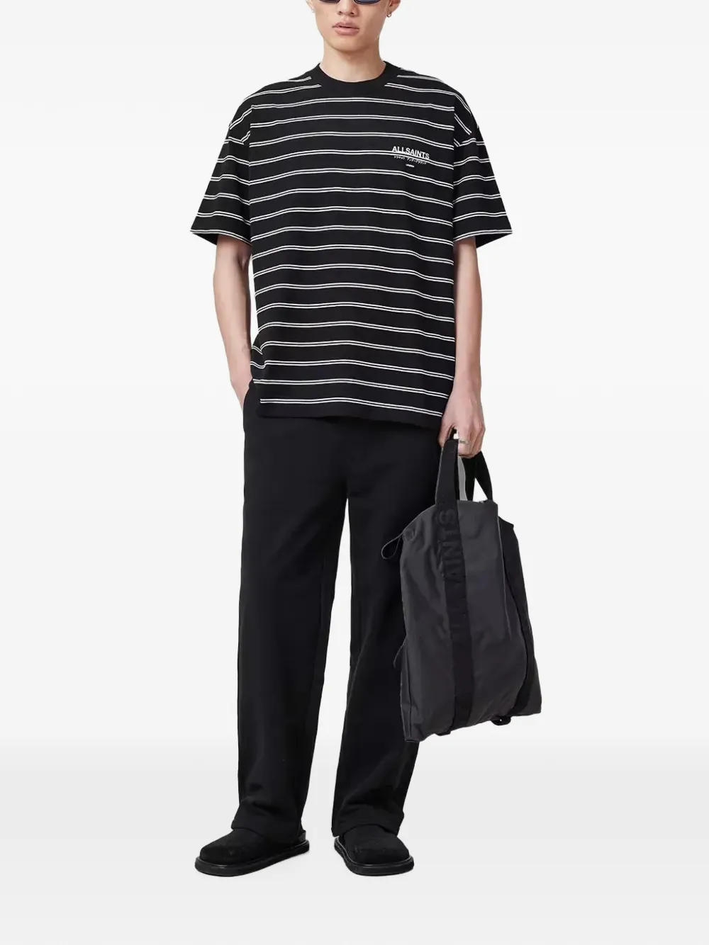 AllSaints Underground T-shirt met horizontale streep en logoprint Zwart