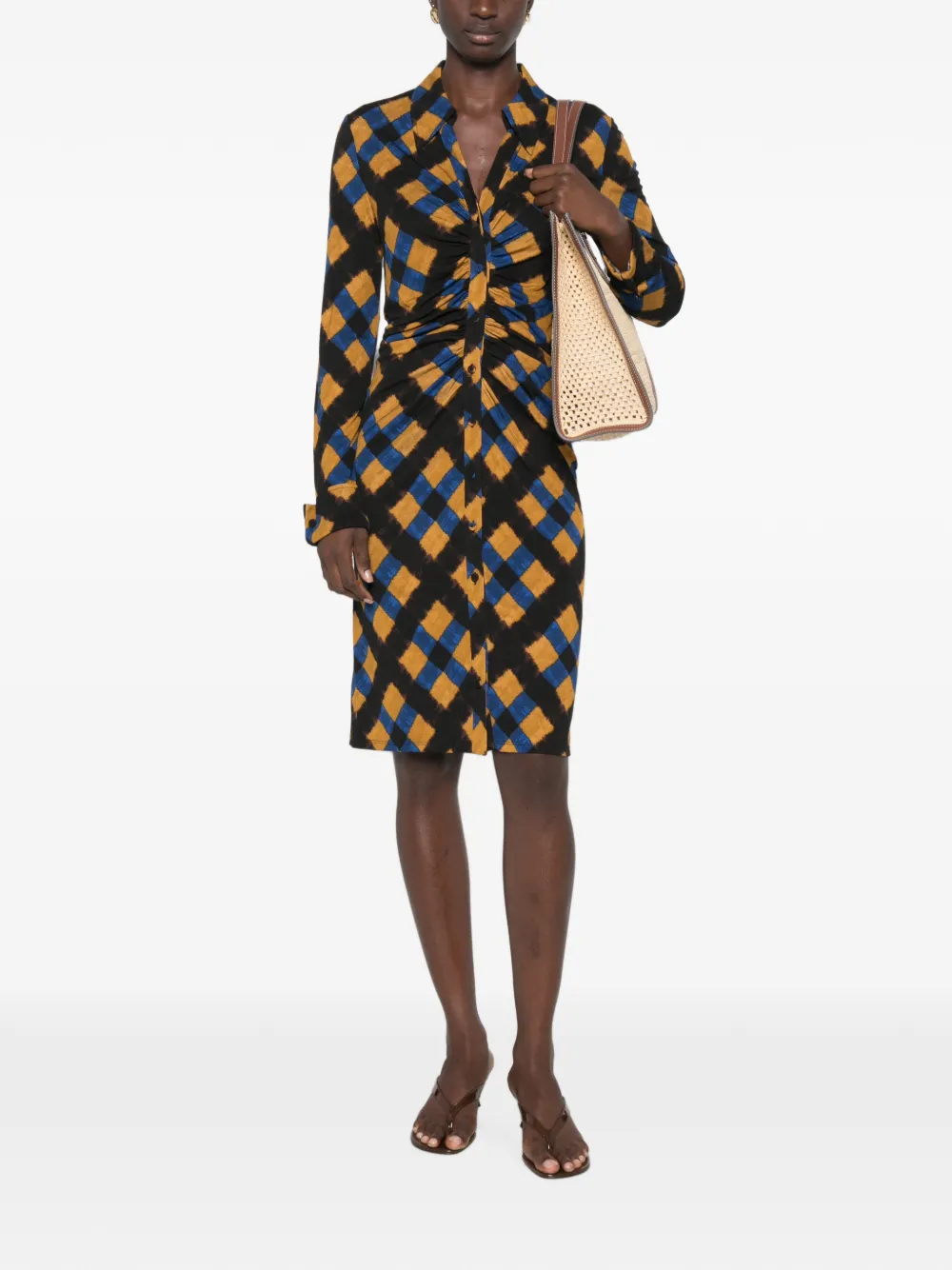 DVF Diane von Furstenberg Sheska geruite jurk met ruches Zwart