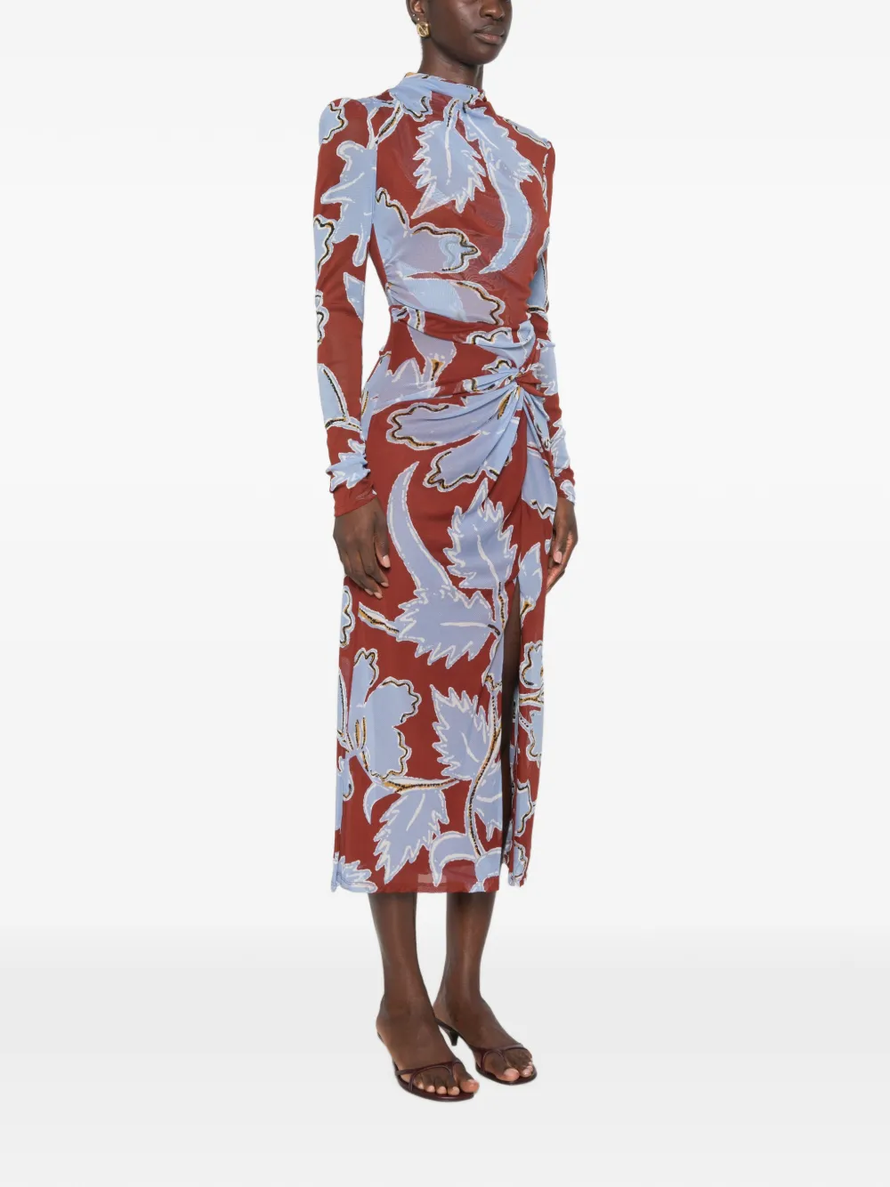 DVF Diane von Furstenberg Amadis midi-jurk met bloemenprint en ruches Bruin