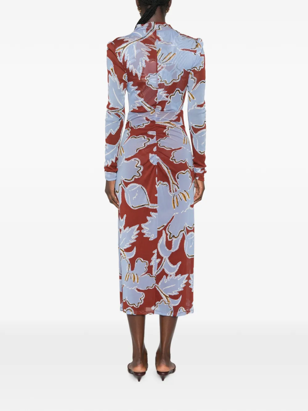DVF Diane von Furstenberg Amadis midi-jurk met bloemenprint en ruches Bruin