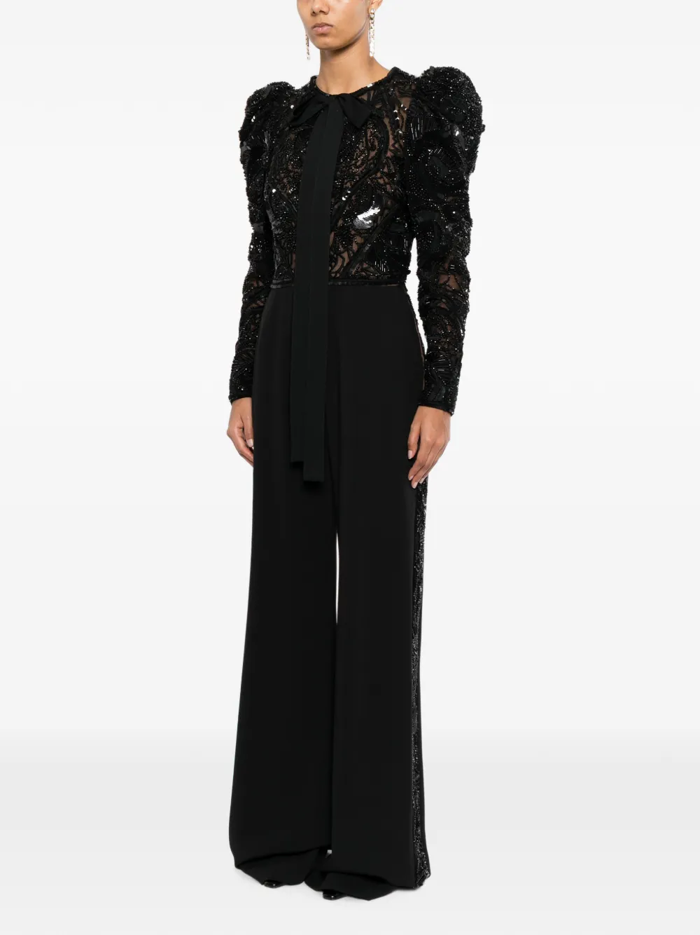 Elie Saab Beaded Juliet-sleeve Jumpsuit in Black, view 3