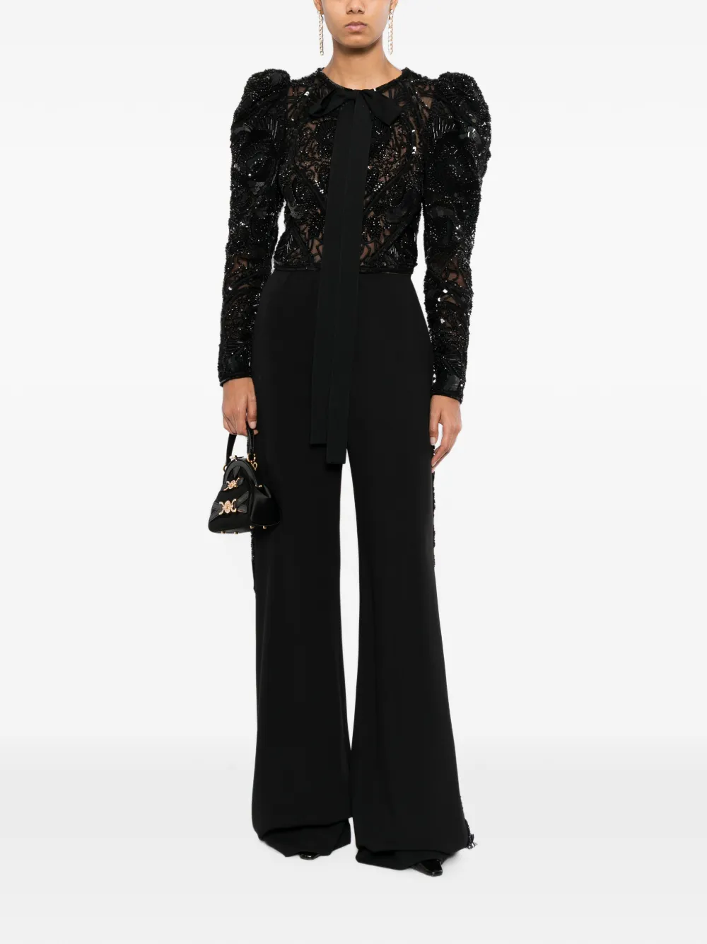 Elie Saab Beaded Juliet-sleeve Jumpsuit in Black, view 2