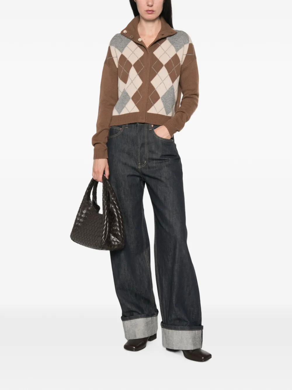Max Mara Trui met knoopkraag en argyle-intarsia Bruin