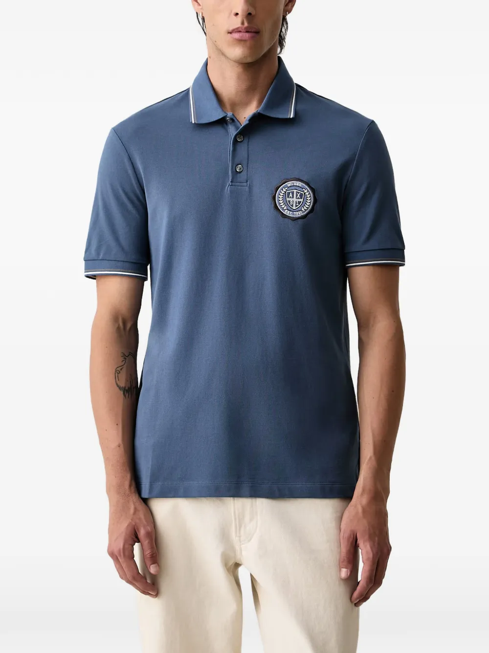 Armani Exchange logo-patch tipped-trim polo shirt - Blu