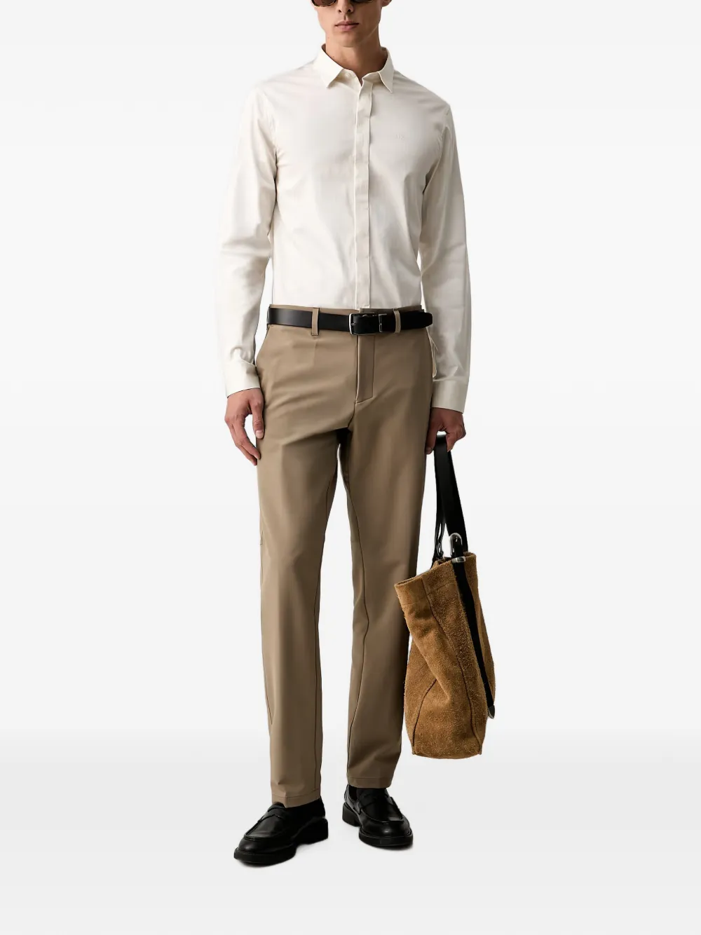 Armani Exchange logo-embroidered long-sleeve shirt Beige