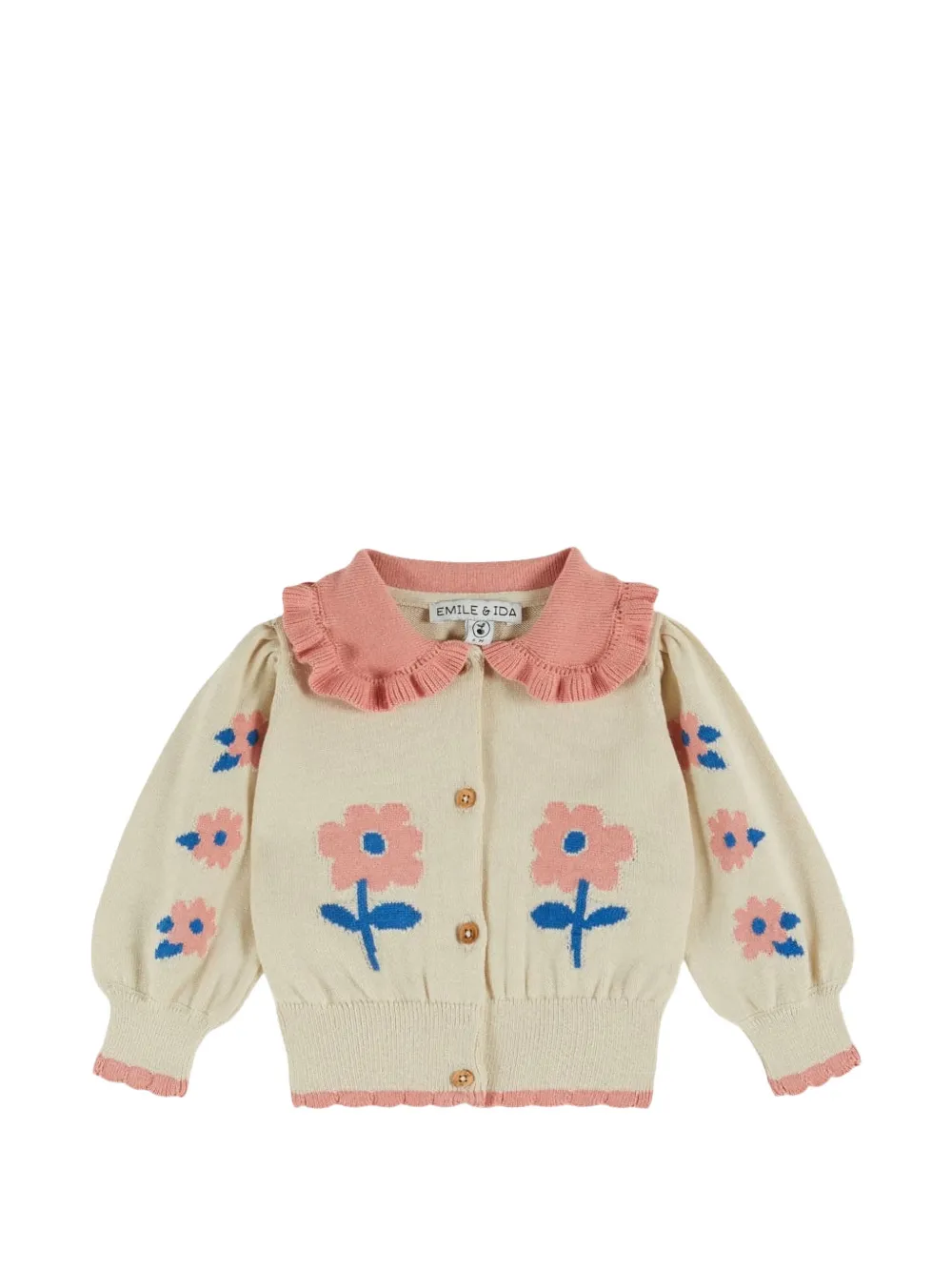 Emile Et Ida Babies' Floral-jacquard Ruffled Cardigan In Neutrals