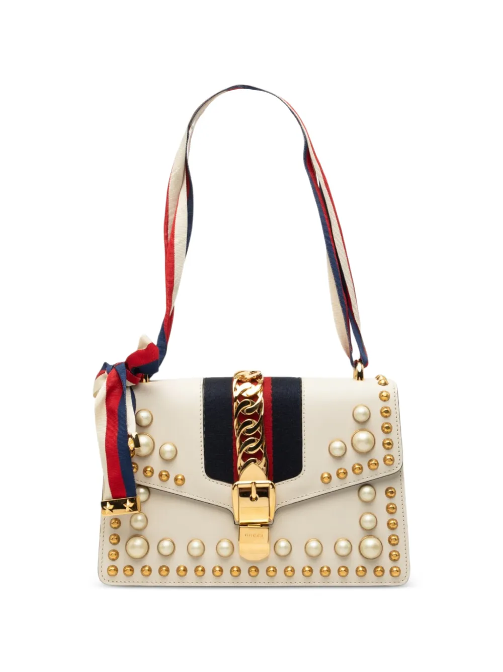 Gucci Pre-Owned Borsa a tracolla Sylvie piccola in pelle di vitello con decorazione Web e perle 2000-2015 - Bianco