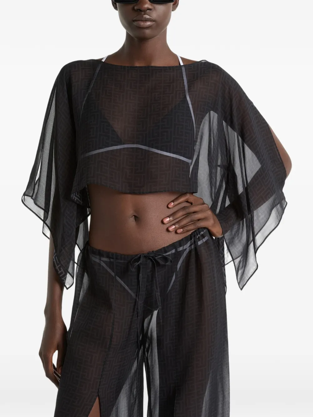 Balmain Strandtop met monogram in Chiffon Zwart