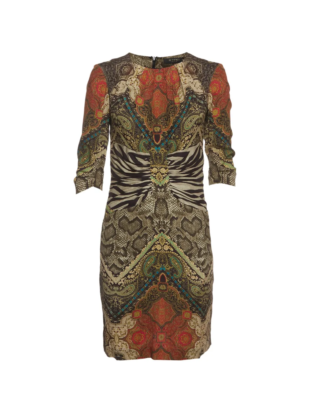 Pre-owned Etro Mixed-print Ruched Mini Dress In Brown