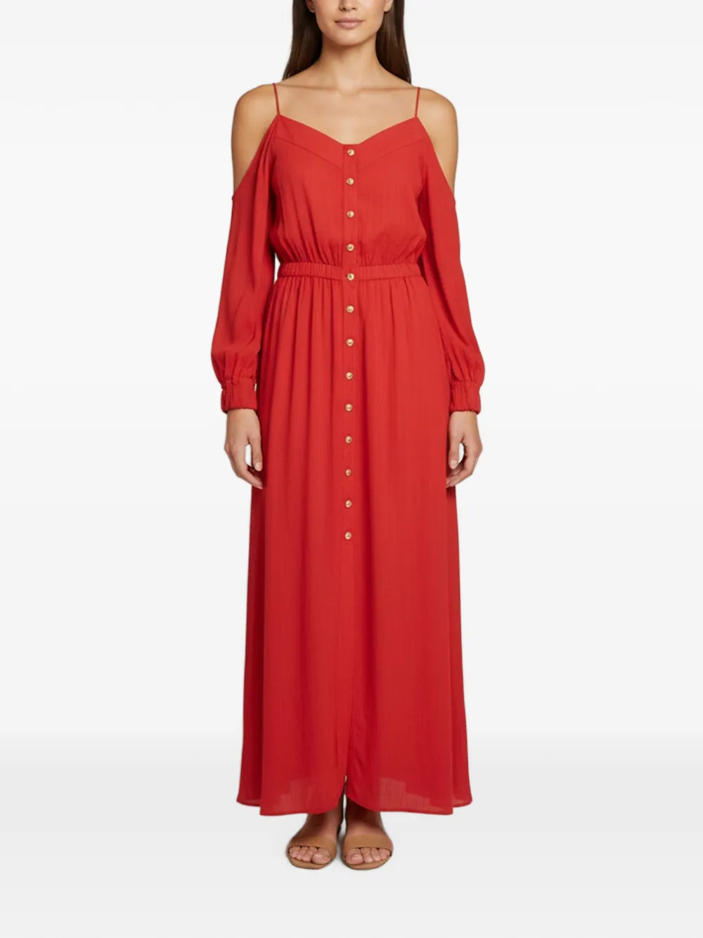 Balmain Pre-Owned crinkle-finish off-shoulder maxi dress - Rot