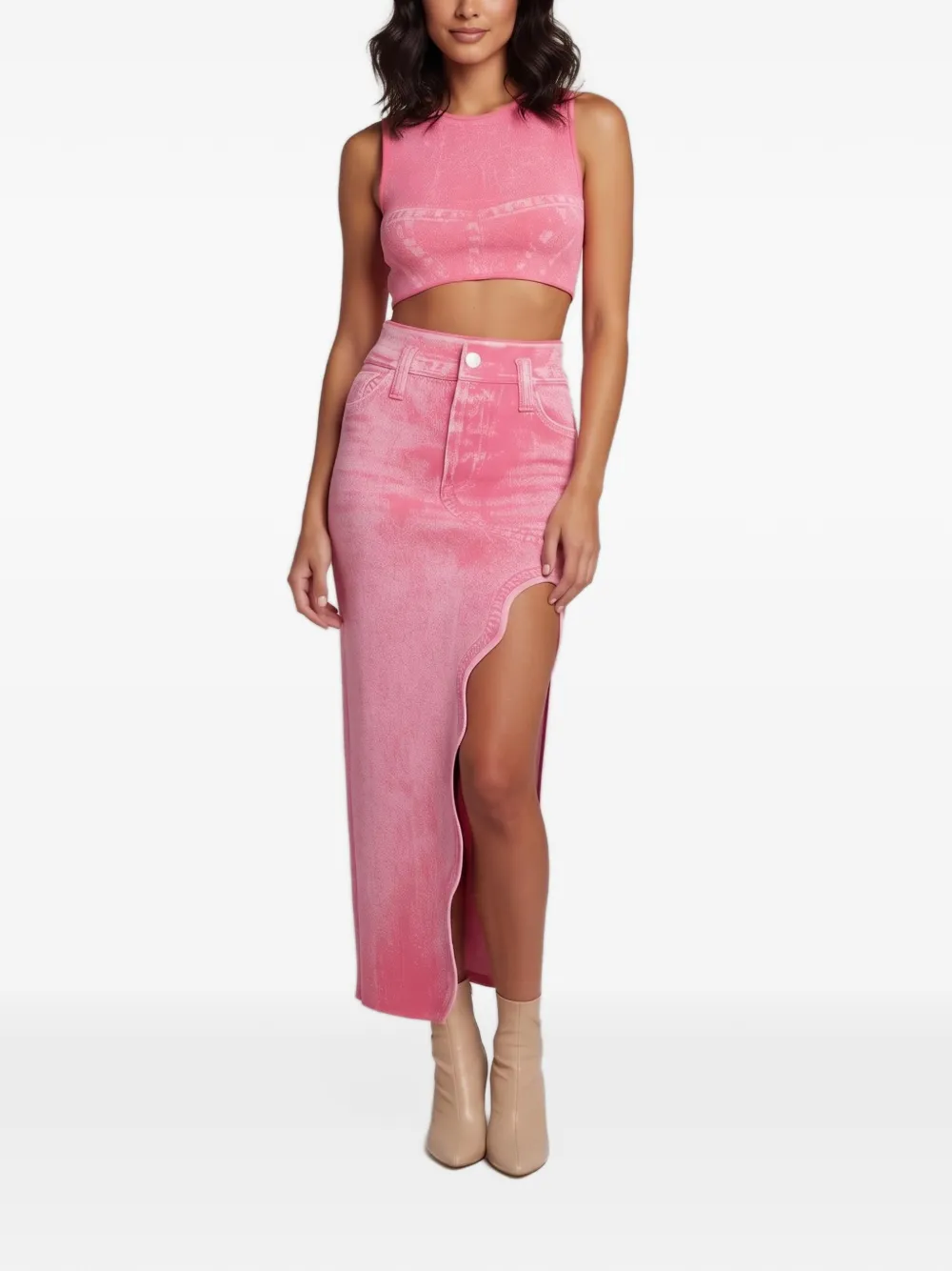 PH5 Lily denim-print knit top and midi skirt set - Rosa
