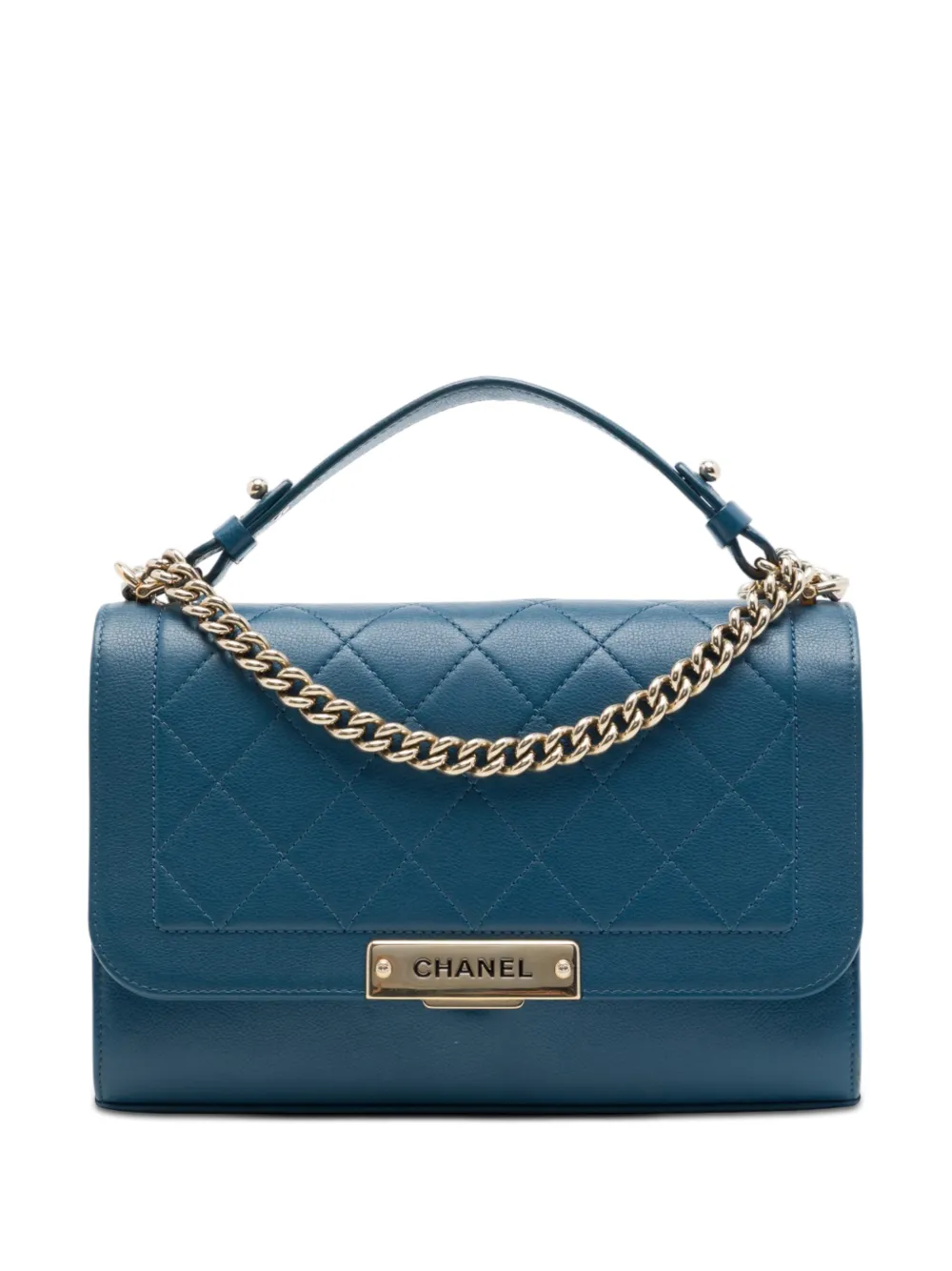 CHANEL Pre-Owned 2016-2017 Medium Quilted Grained Calfskin Label Click Top Handle Flap satchel - Blau
