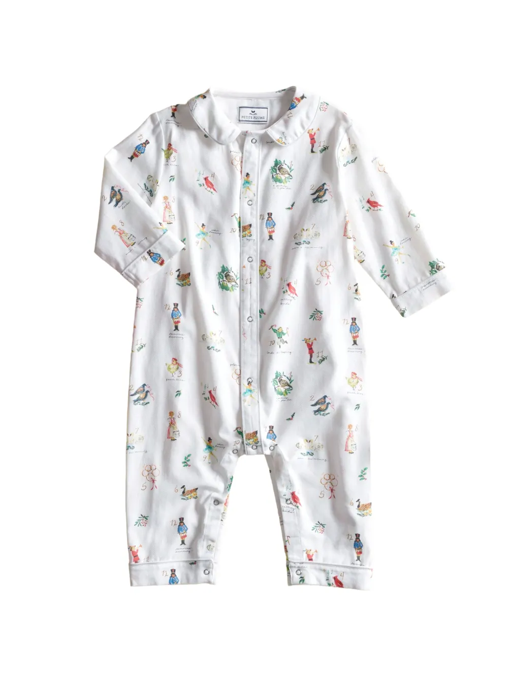 Petite Plume 12 Days of Christmas graphic-print twill romper - White